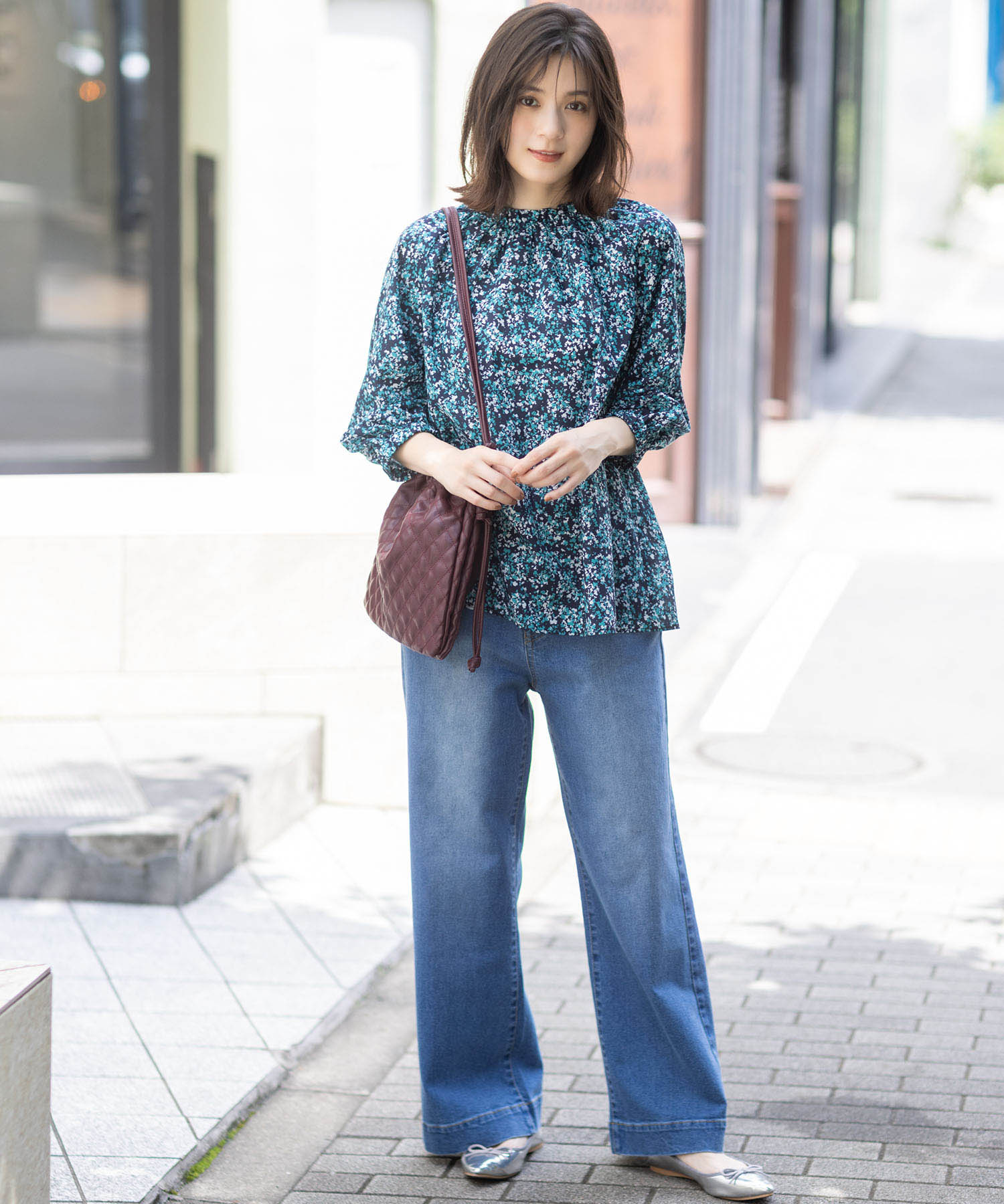 プチ オンフルール Petit Honfleur 【はっ水】ストレッチバギーデニムパンツ (ブルー) ブルー