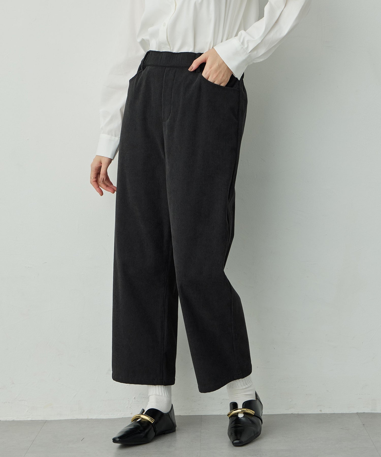 プチ オンフルール Petit Honfleur コーデュロイセミワイドパンツ (ブラック) ブラック