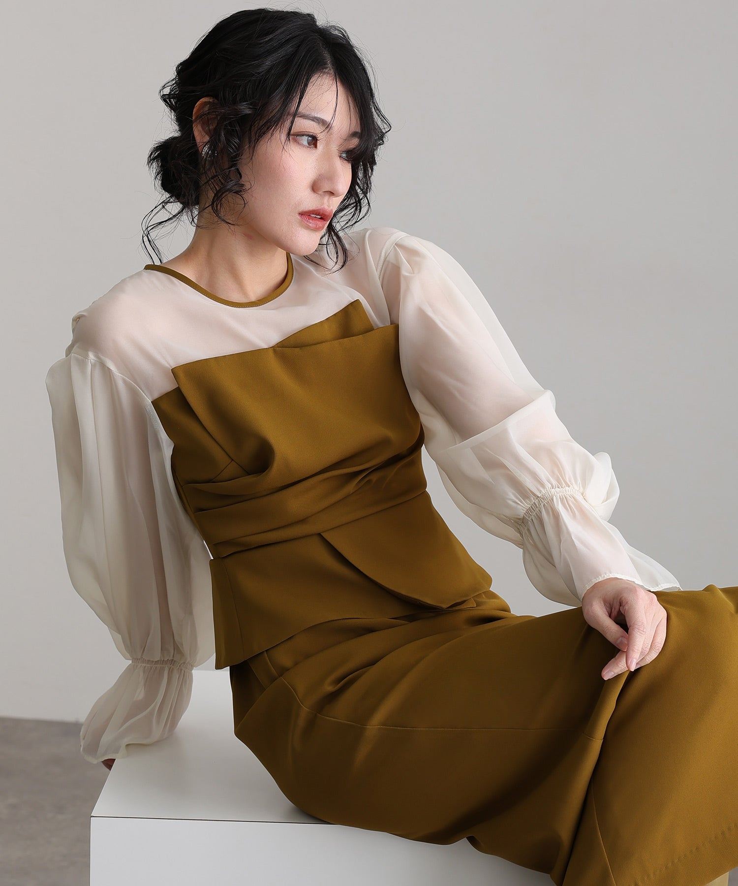 PourVous Sleeved & Midi Length Reunion Draped Bustier Formal Occasion Dress for Weddings Party Dress Formal Dress for 20s 30s 40s