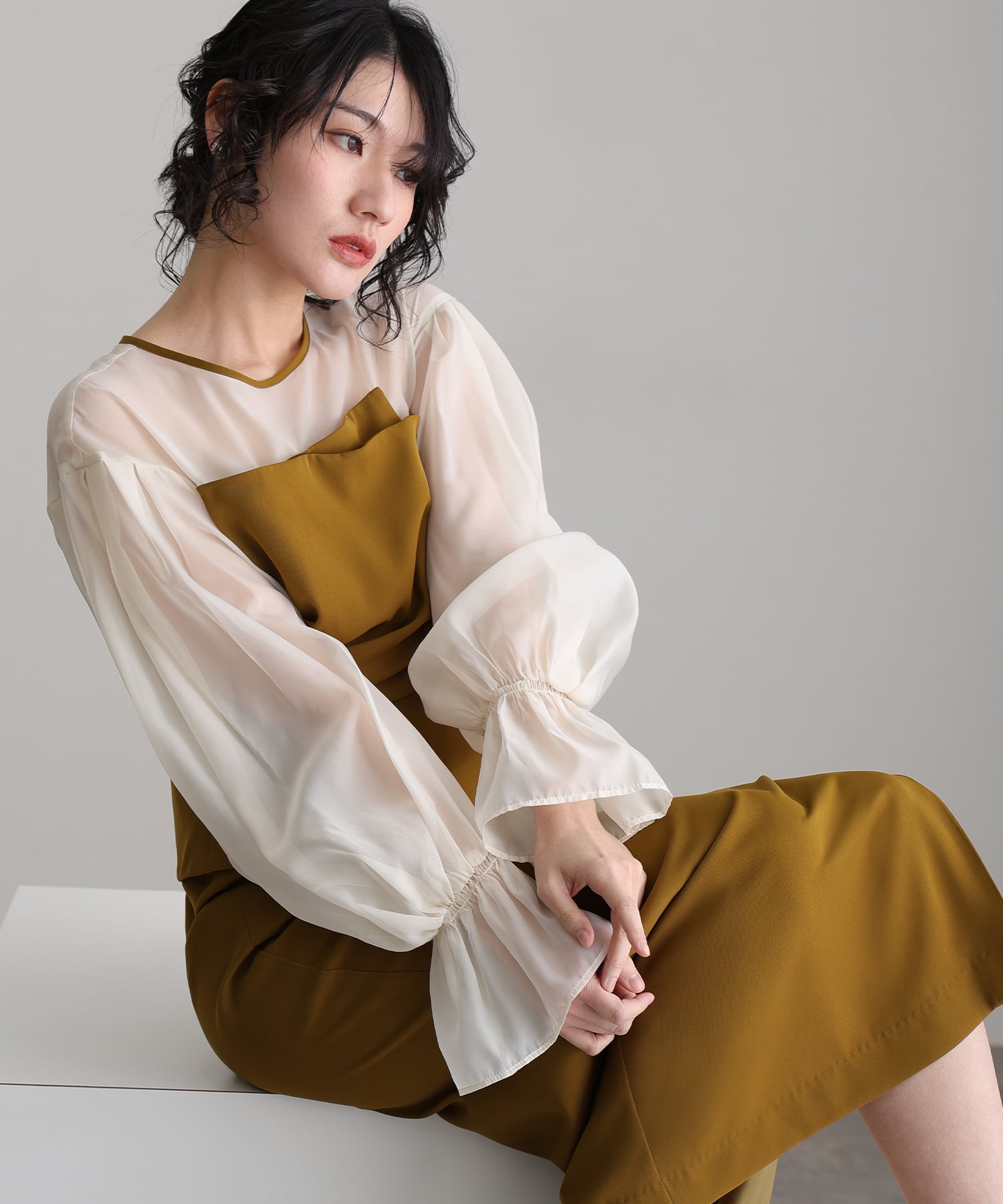 プールヴー PourVous 袖あり&ミモレ丈同窓会ドレープビスチェお呼ばれ結婚式フォーマルオケージョンドレスパーティードレス フォーマル ワンピース パーティードレス 20代 30代 40代 (オリーブ) オリーブ