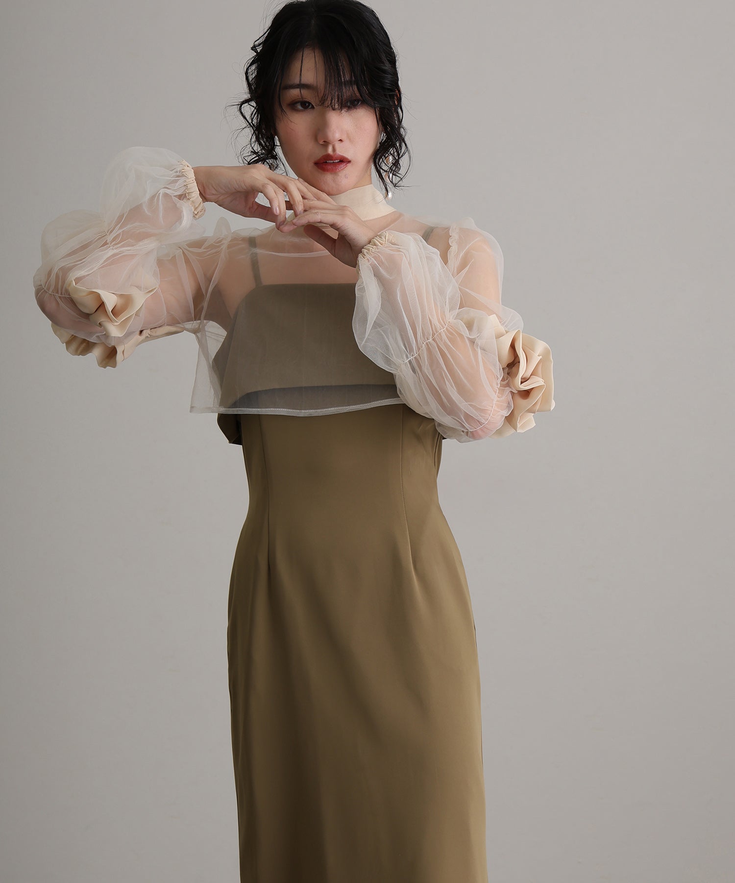 プールヴー PourVous 結婚式パーティードレスチュールボレロ袖あり&ミモレ丈お呼ばれ同窓会オケージョンドレスフォーマル フォーマル ワンピース パーティードレス 20代 30代 40代 (カーキ) カーキ