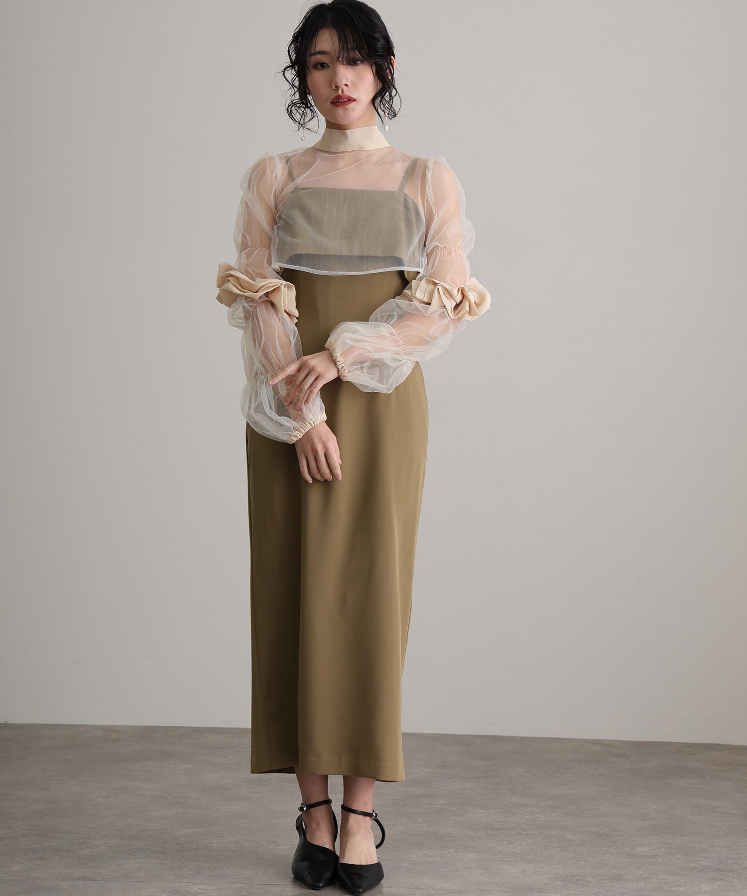 プールヴー PourVous 結婚式パーティードレスチュールボレロ袖あり&ミモレ丈お呼ばれ同窓会オケージョンドレスフォーマル フォーマル ワンピース パーティードレス 20代 30代 40代 (カーキ) カーキ