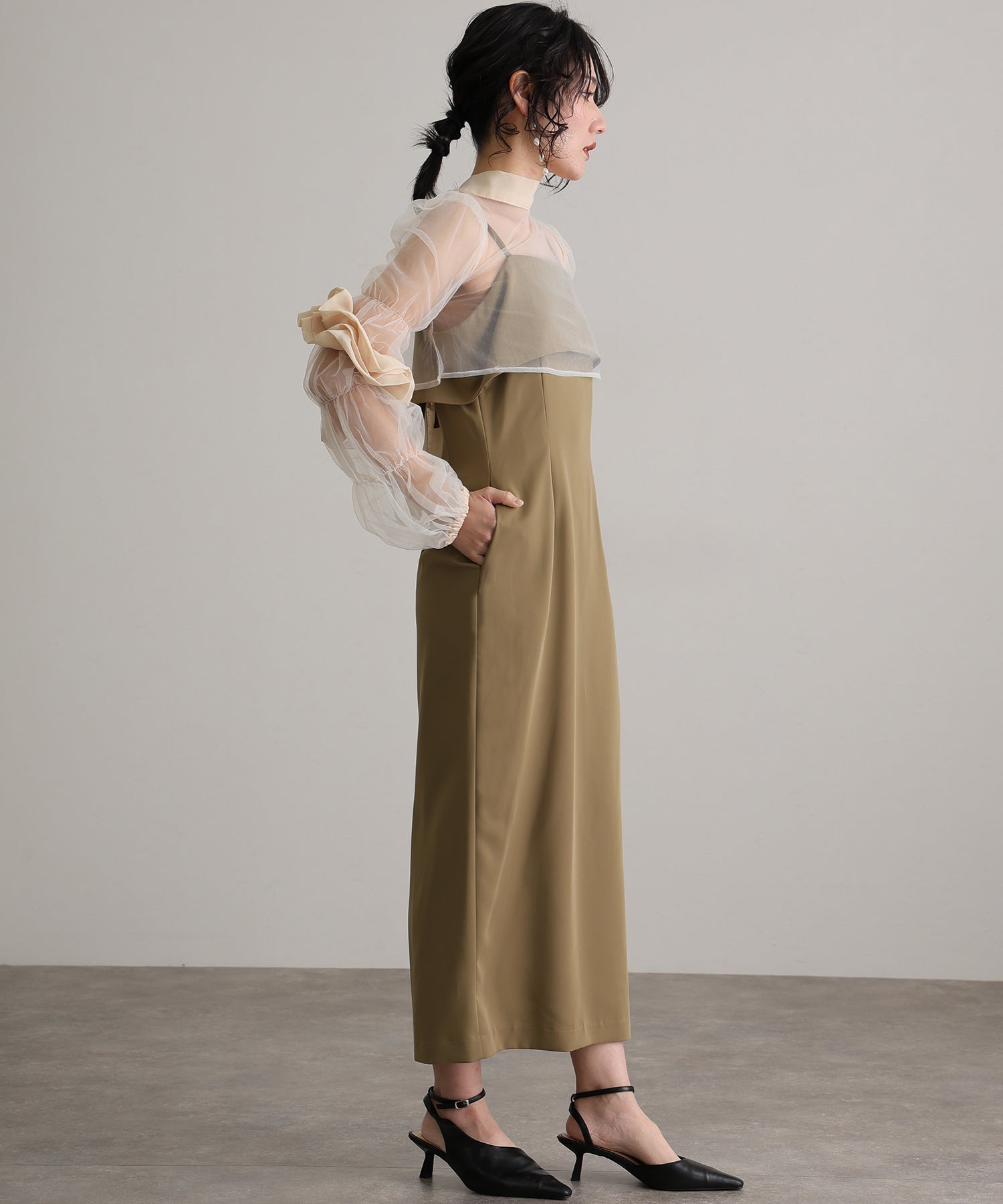 プールヴー PourVous 結婚式パーティードレスチュールボレロ袖あり&ミモレ丈お呼ばれ同窓会オケージョンドレスフォーマル フォーマル ワンピース パーティードレス 20代 30代 40代 (カーキ) カーキ