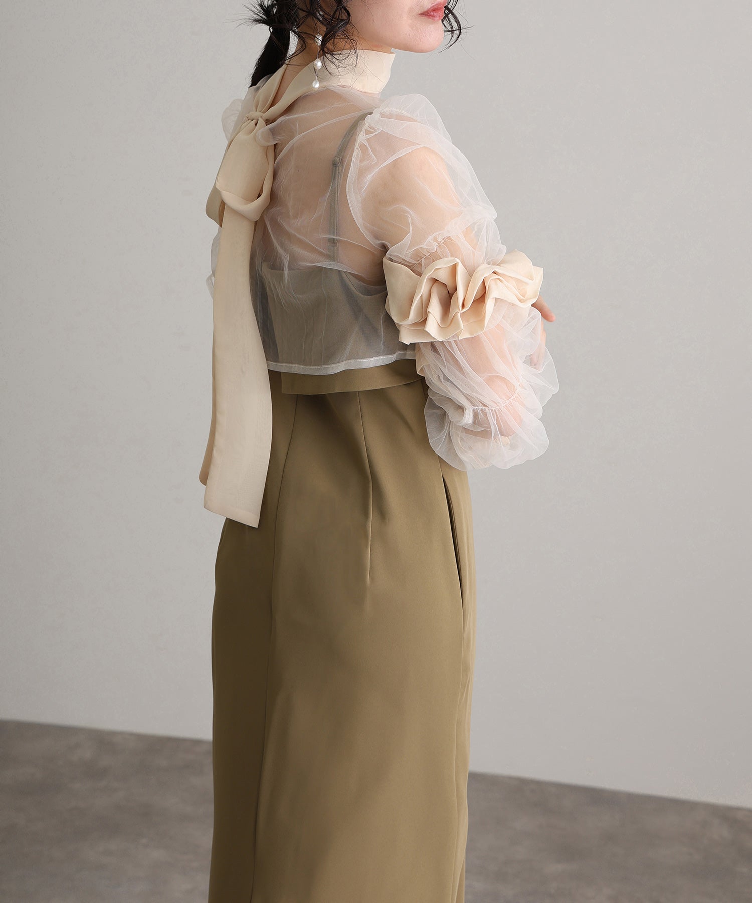 プールヴー PourVous 結婚式パーティードレスチュールボレロ袖あり&ミモレ丈お呼ばれ同窓会オケージョンドレスフォーマル フォーマル ワンピース パーティードレス 20代 30代 40代 (カーキ) カーキ