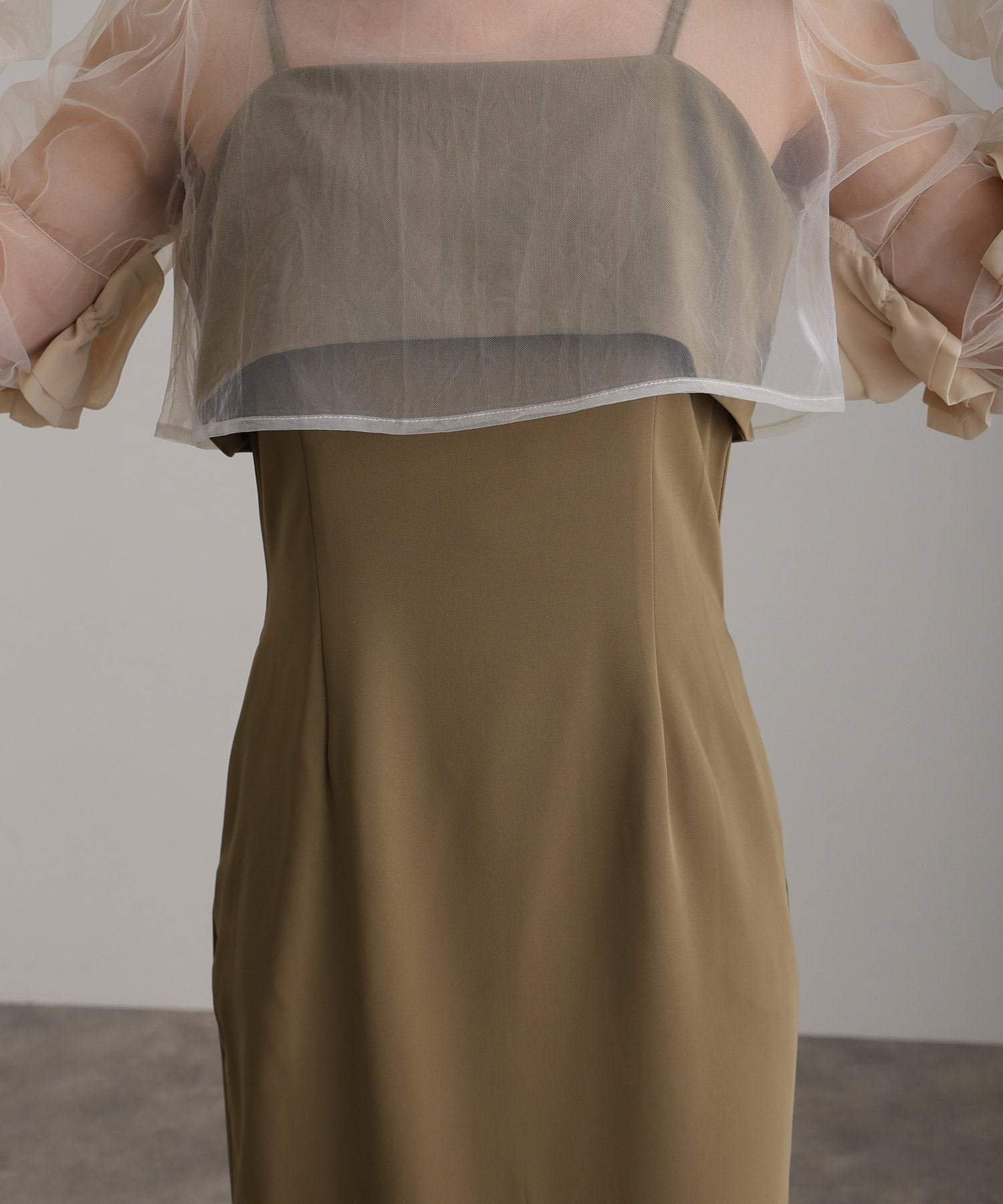 プールヴー PourVous 結婚式パーティードレスチュールボレロ袖あり&ミモレ丈お呼ばれ同窓会オケージョンドレスフォーマル フォーマル ワンピース パーティードレス 20代 30代 40代 (カーキ) カーキ