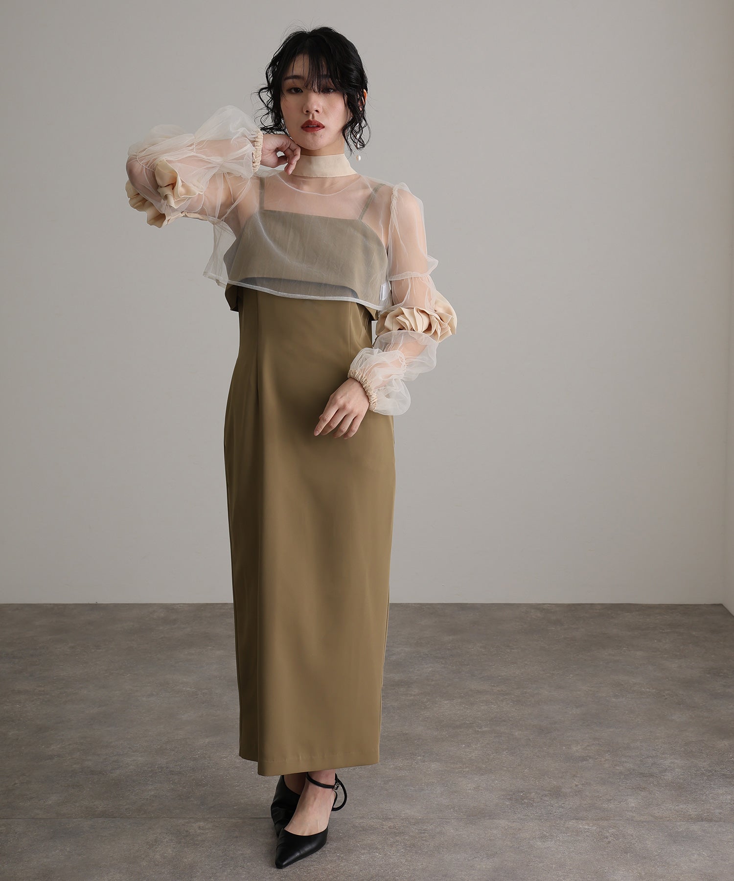 プールヴー PourVous 結婚式パーティードレスチュールボレロ袖あり&ミモレ丈お呼ばれ同窓会オケージョンドレスフォーマル フォーマル ワンピース パーティードレス 20代 30代 40代 (カーキ) カーキ