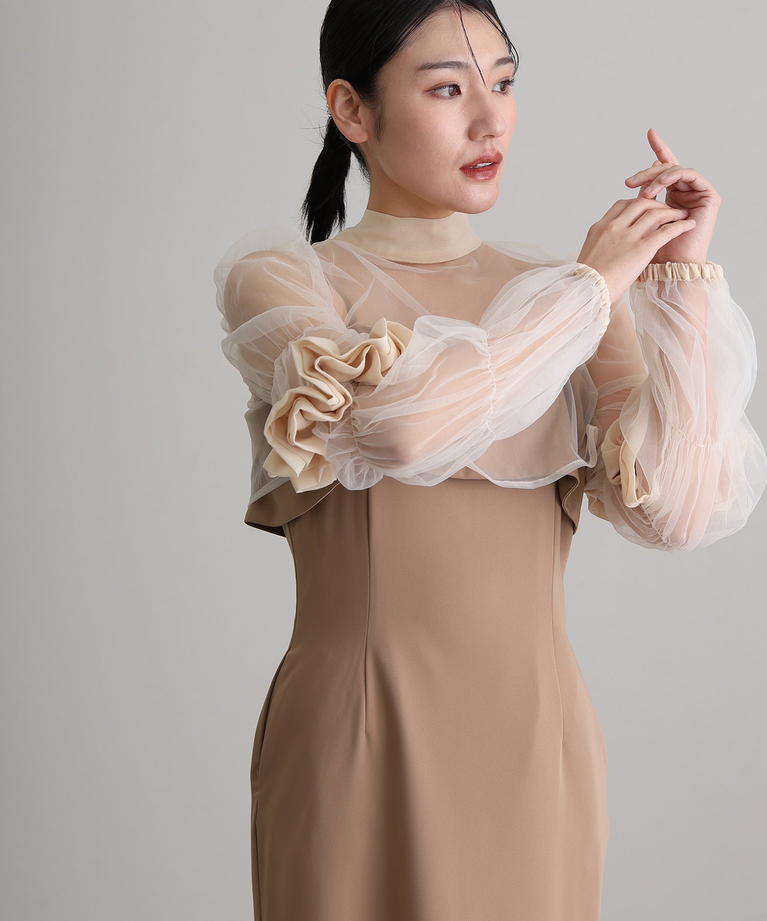 プールヴー PourVous 結婚式パーティードレスチュールボレロ袖あり&ミモレ丈お呼ばれ同窓会オケージョンドレスフォーマル フォーマル ワンピース パーティードレス 20代 30代 40代 (モカ) モカ