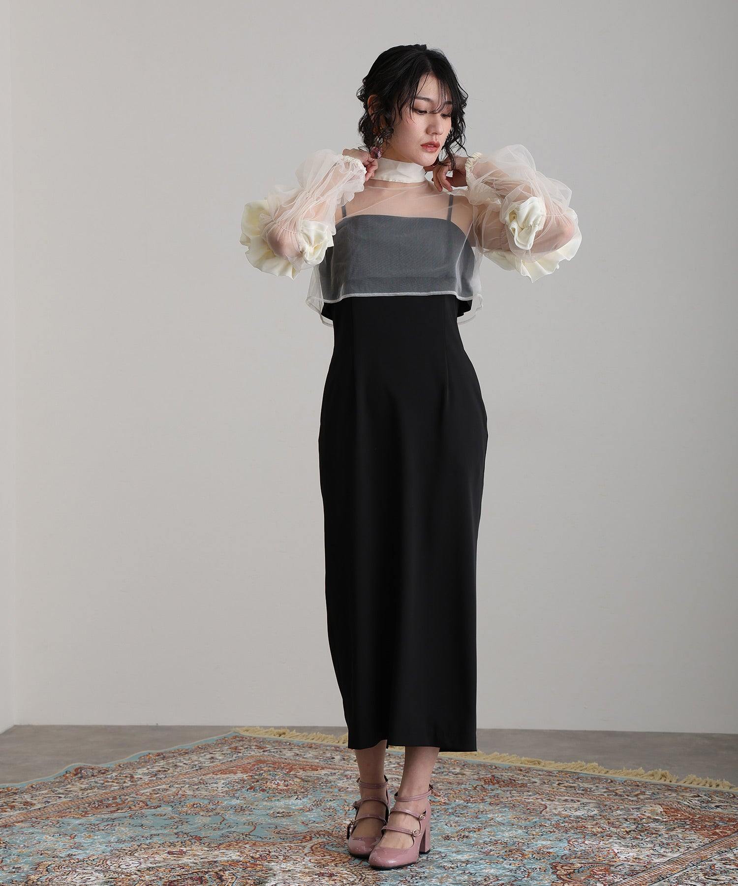 プールヴー PourVous 結婚式パーティードレスチュールボレロ袖あり&ミモレ丈お呼ばれ同窓会オケージョンドレスフォーマル フォーマル ワンピース パーティードレス 20代 30代 40代 (ブラック) ブラック