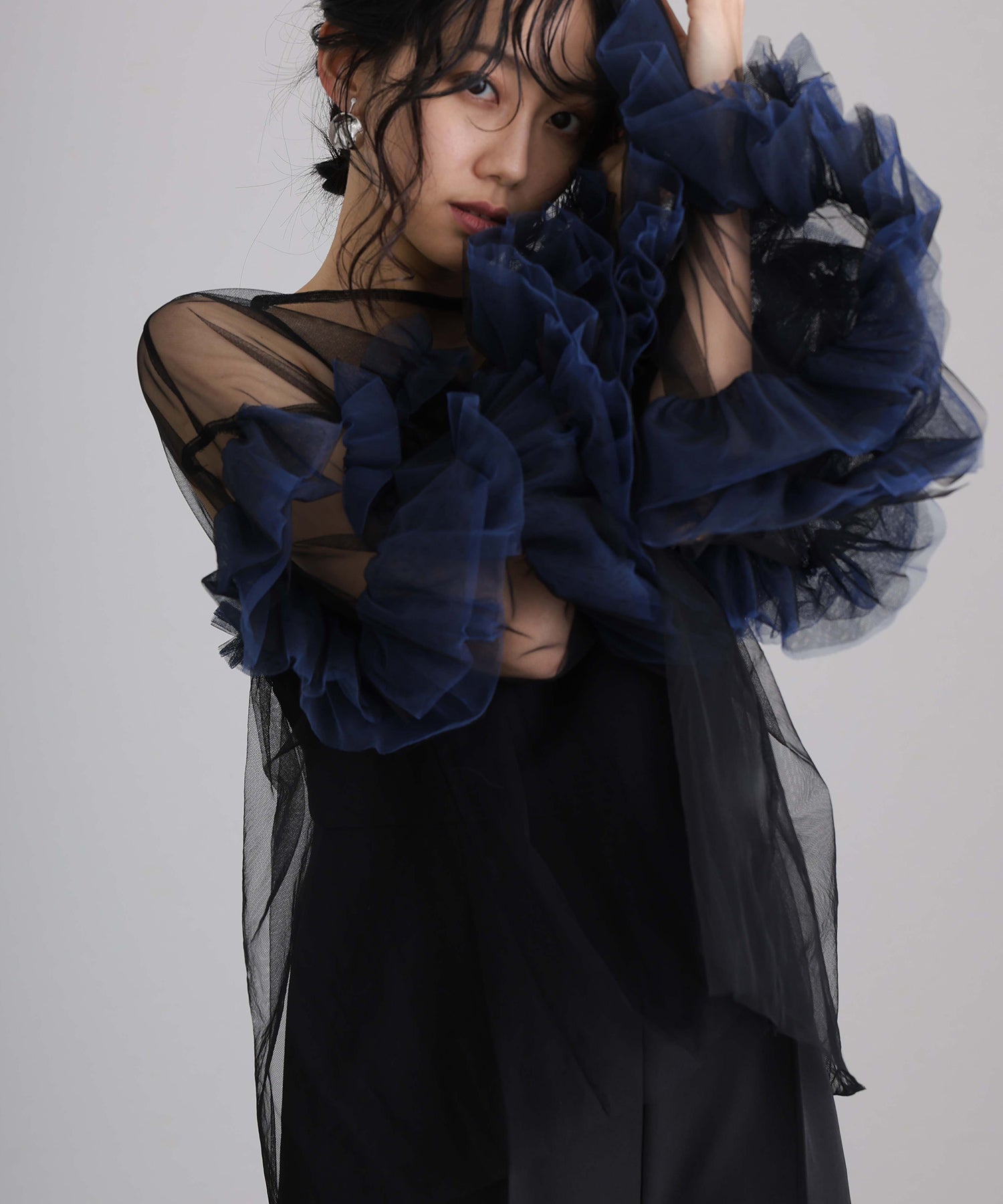 プールヴー PourVous ギャザーチュールトップス フォーマル ワンピース パーティードレス 20代 30代 40代 (ネイビー) ネイビー