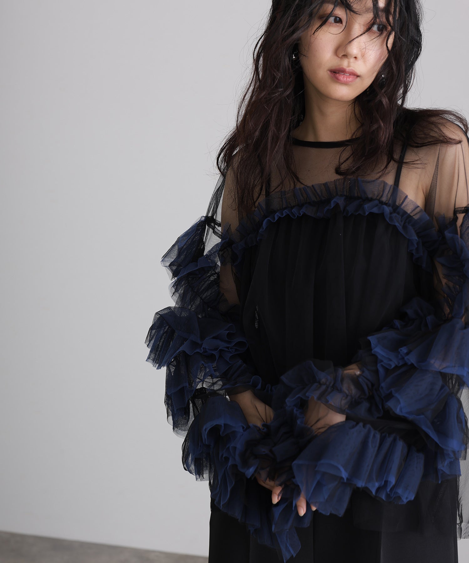 プールヴー PourVous ギャザーチュールトップス フォーマル ワンピース パーティードレス 20代 30代 40代 (ネイビー) ネイビー