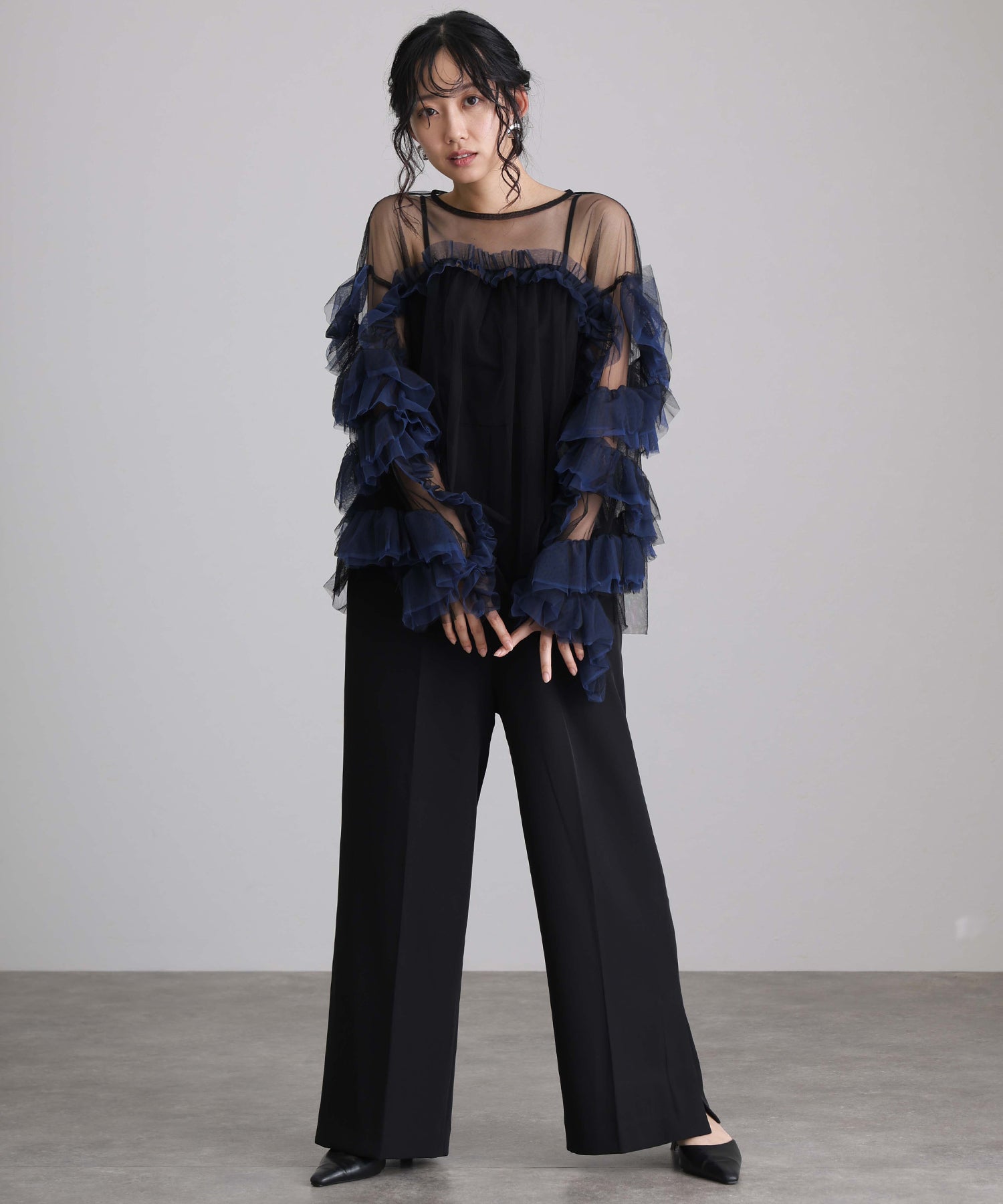 プールヴー PourVous ギャザーチュールトップス フォーマル ワンピース パーティードレス 20代 30代 40代 (ネイビー) ネイビー