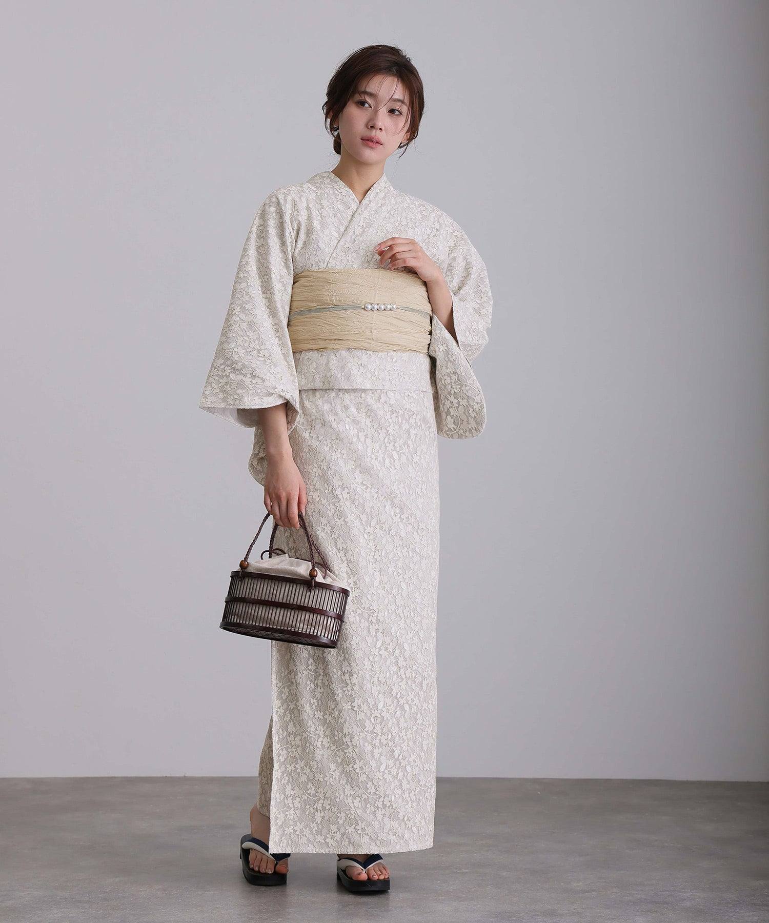 プールヴー PourVous セパレート 二部式 一人で着られる 大人浴衣3点セット オリジナルデザイン 綿 兵児帯 女性 黒 選べる シック レトロ レース 花柄 ウエストゴム フォーマル ワンピース パーティードレス (オフホワイト) オフホワイト