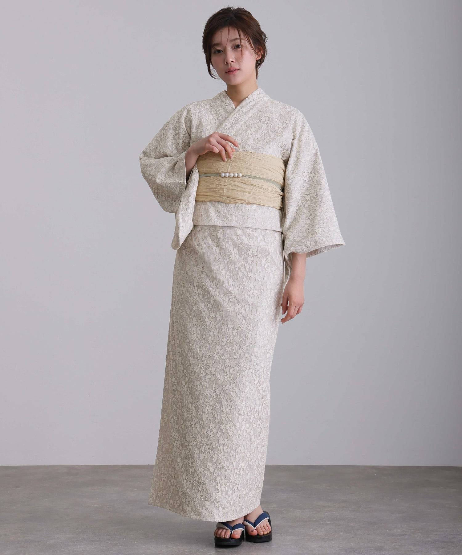 プールヴー PourVous セパレート 二部式 一人で着られる 大人浴衣3点セット オリジナルデザイン 綿 兵児帯 女性 黒 選べる シック レトロ レース 花柄 ウエストゴム フォーマル ワンピース パーティードレス (オフホワイト) オフホワイト