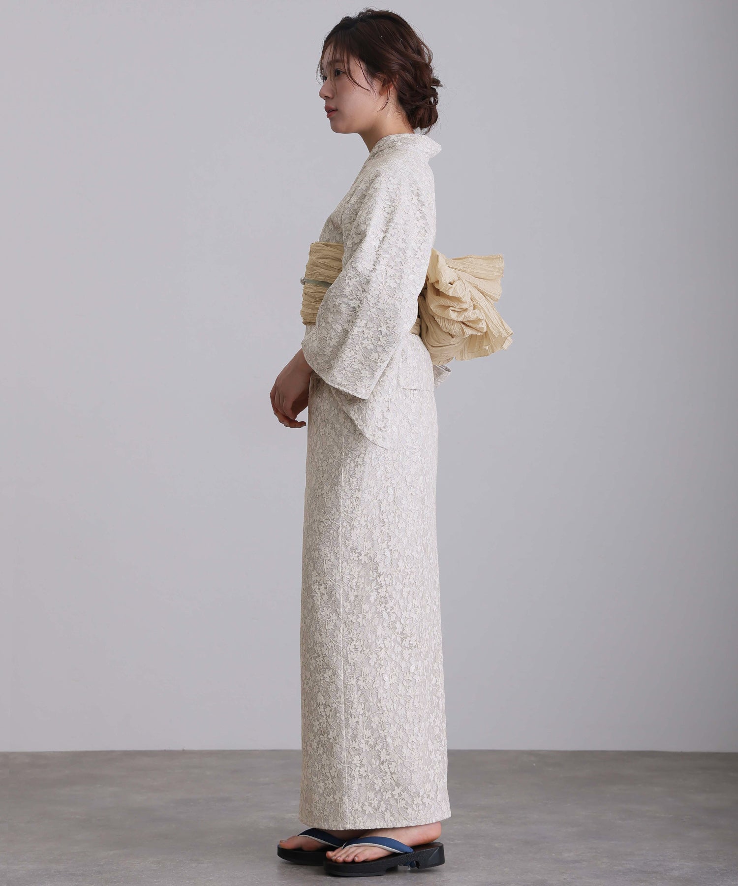 プールヴー PourVous セパレート 二部式 一人で着られる 大人浴衣3点セット オリジナルデザイン 綿 兵児帯 女性 黒 選べる シック レトロ レース 花柄 ウエストゴム フォーマル ワンピース パーティードレス (オフホワイト) オフホワイト