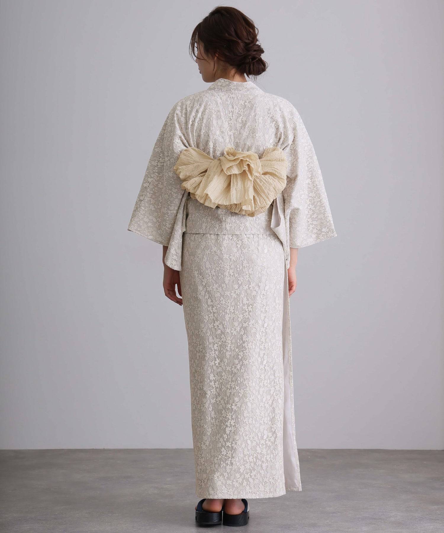 プールヴー PourVous セパレート 二部式 一人で着られる 大人浴衣3点セット オリジナルデザイン 綿 兵児帯 女性 黒 選べる シック レトロ レース 花柄 ウエストゴム フォーマル ワンピース パーティードレス (オフホワイト) オフホワイト