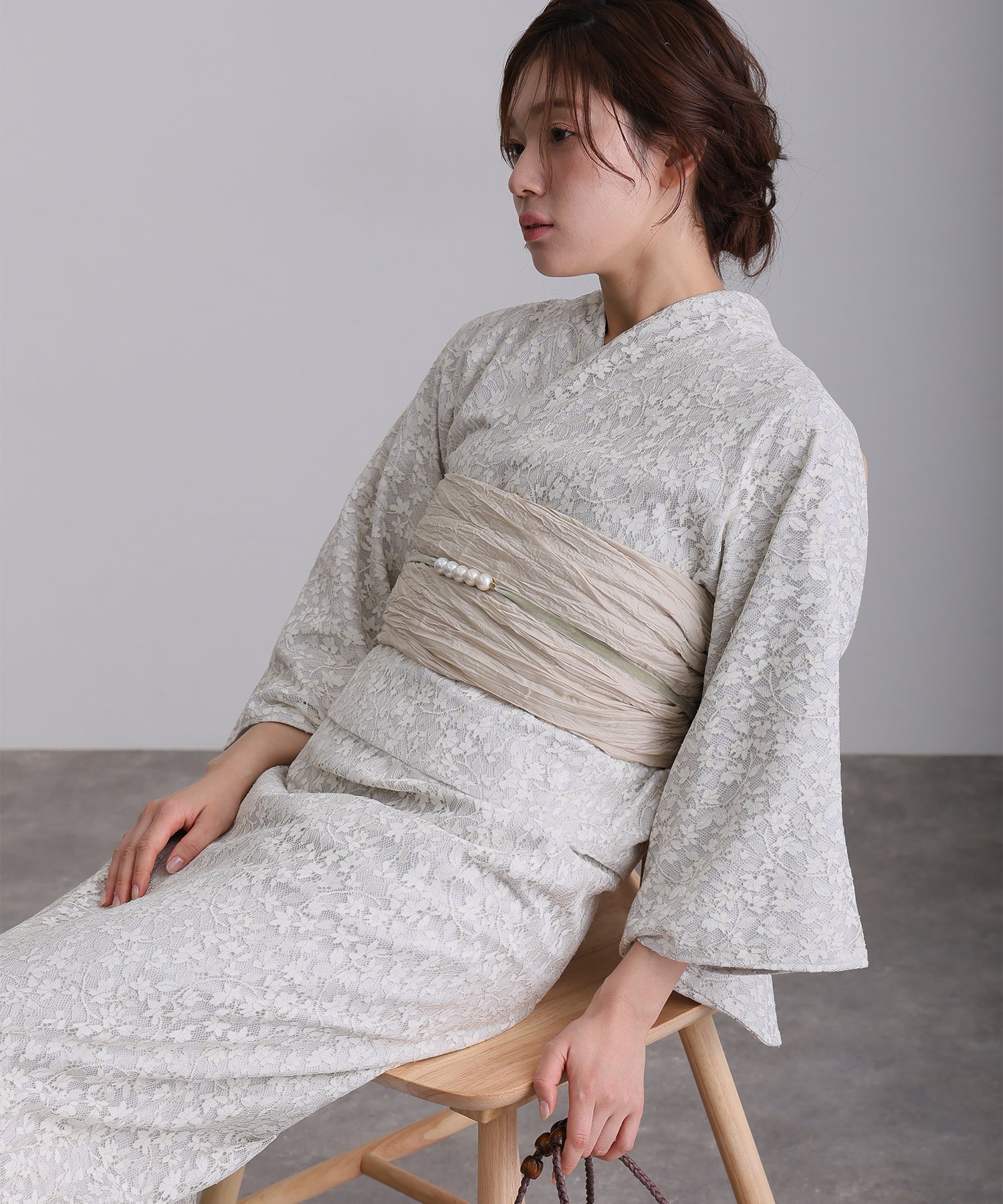 プールヴー PourVous セパレート 二部式 一人で着られる 大人浴衣3点セット オリジナルデザイン 綿 兵児帯 女性 黒 選べる シック レトロ レース 花柄 ウエストゴム フォーマル ワンピース パーティードレス (オフホワイト) オフホワイト