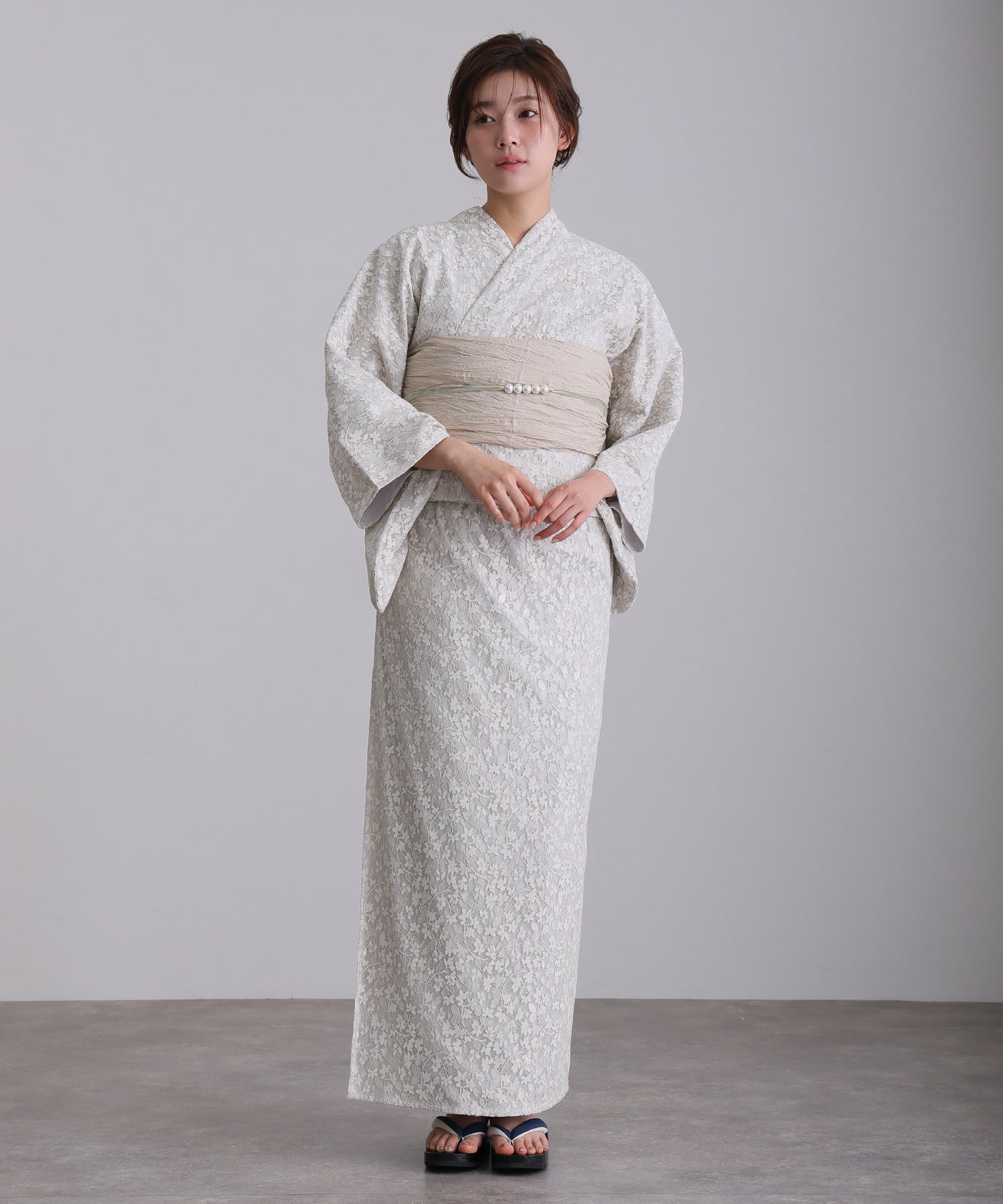 プールヴー PourVous セパレート 二部式 一人で着られる 大人浴衣3点セット オリジナルデザイン 綿 兵児帯 女性 黒 選べる シック レトロ レース 花柄 ウエストゴム フォーマル ワンピース パーティードレス (オフホワイト) オフホワイト