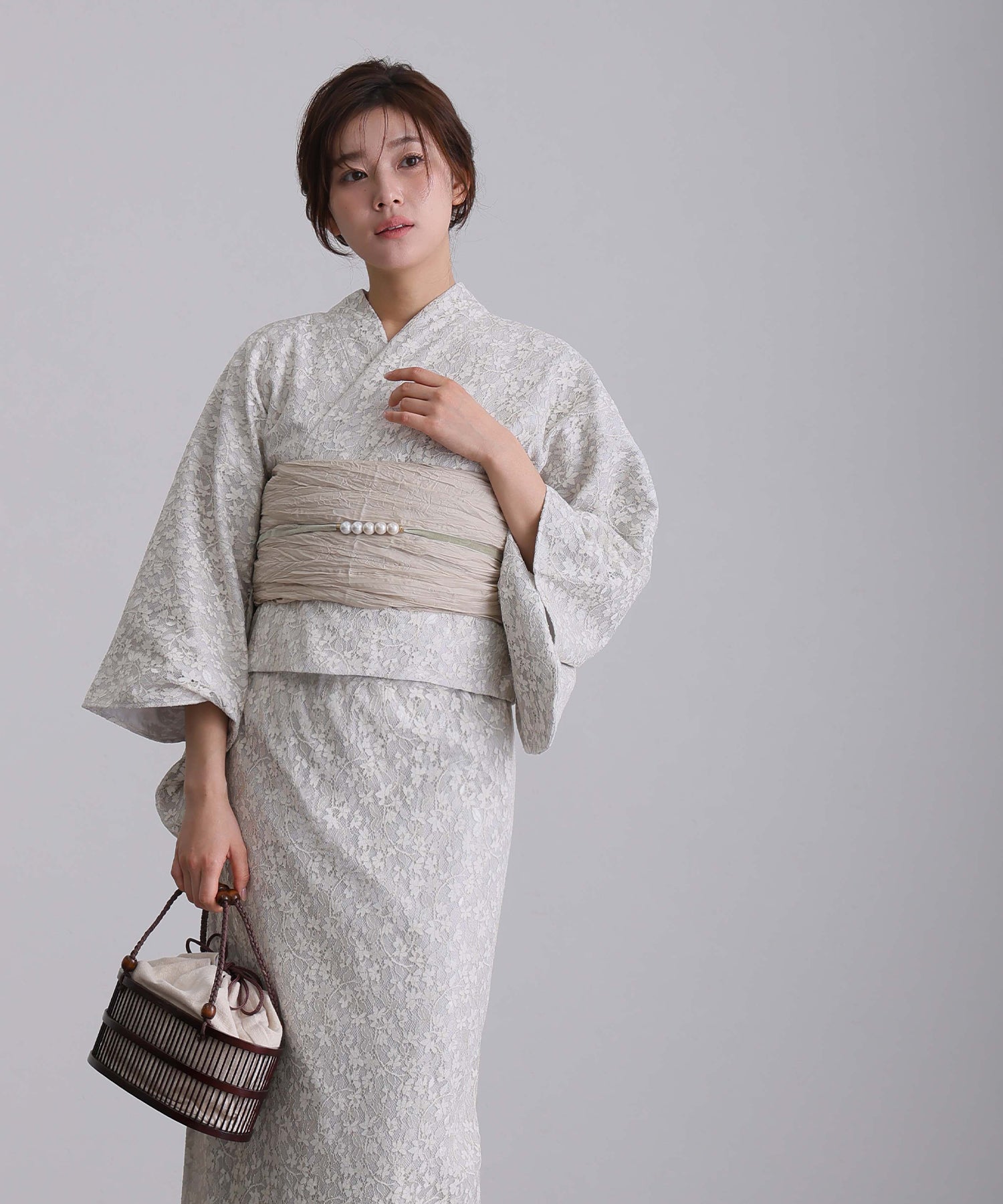 プールヴー PourVous セパレート 二部式 一人で着られる 大人浴衣3点セット オリジナルデザイン 綿 兵児帯 女性 黒 選べる シック レトロ レース 花柄 ウエストゴム フォーマル ワンピース パーティードレス (オフホワイト) オフホワイト