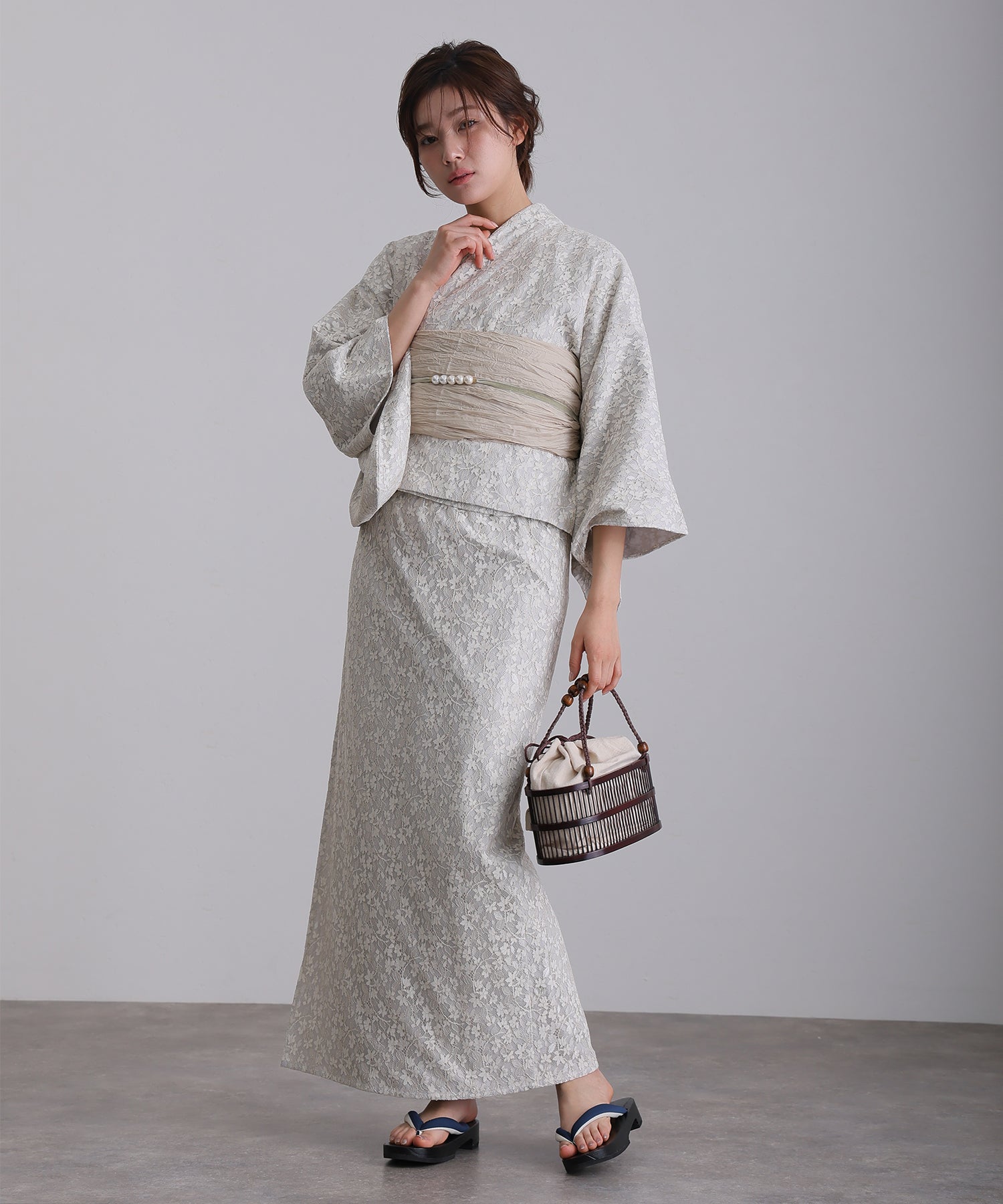 プールヴー PourVous セパレート 二部式 一人で着られる 大人浴衣3点セット オリジナルデザイン 綿 兵児帯 女性 黒 選べる シック レトロ レース 花柄 ウエストゴム フォーマル ワンピース パーティードレス (オフホワイト) オフホワイト