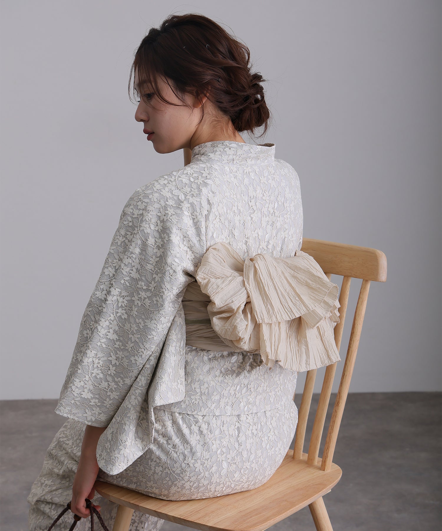 プールヴー PourVous セパレート 二部式 一人で着られる 大人浴衣3点セット オリジナルデザイン 綿 兵児帯 女性 黒 選べる シック レトロ レース 花柄 ウエストゴム フォーマル ワンピース パーティードレス (オフホワイト) オフホワイト