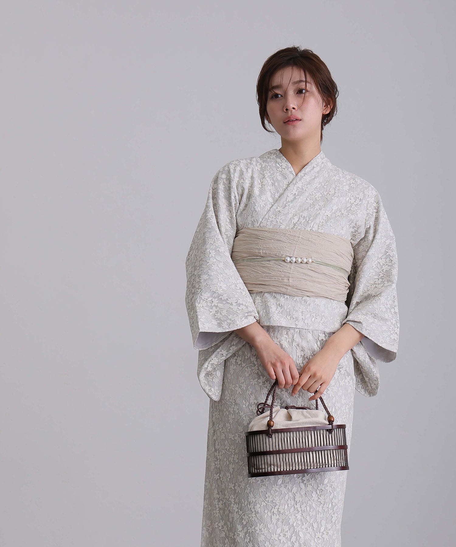 プールヴー PourVous セパレート 二部式 一人で着られる 大人浴衣3点セット オリジナルデザイン 綿 兵児帯 女性 黒 選べる シック レトロ レース 花柄 ウエストゴム フォーマル ワンピース パーティードレス (オフホワイト) オフホワイト