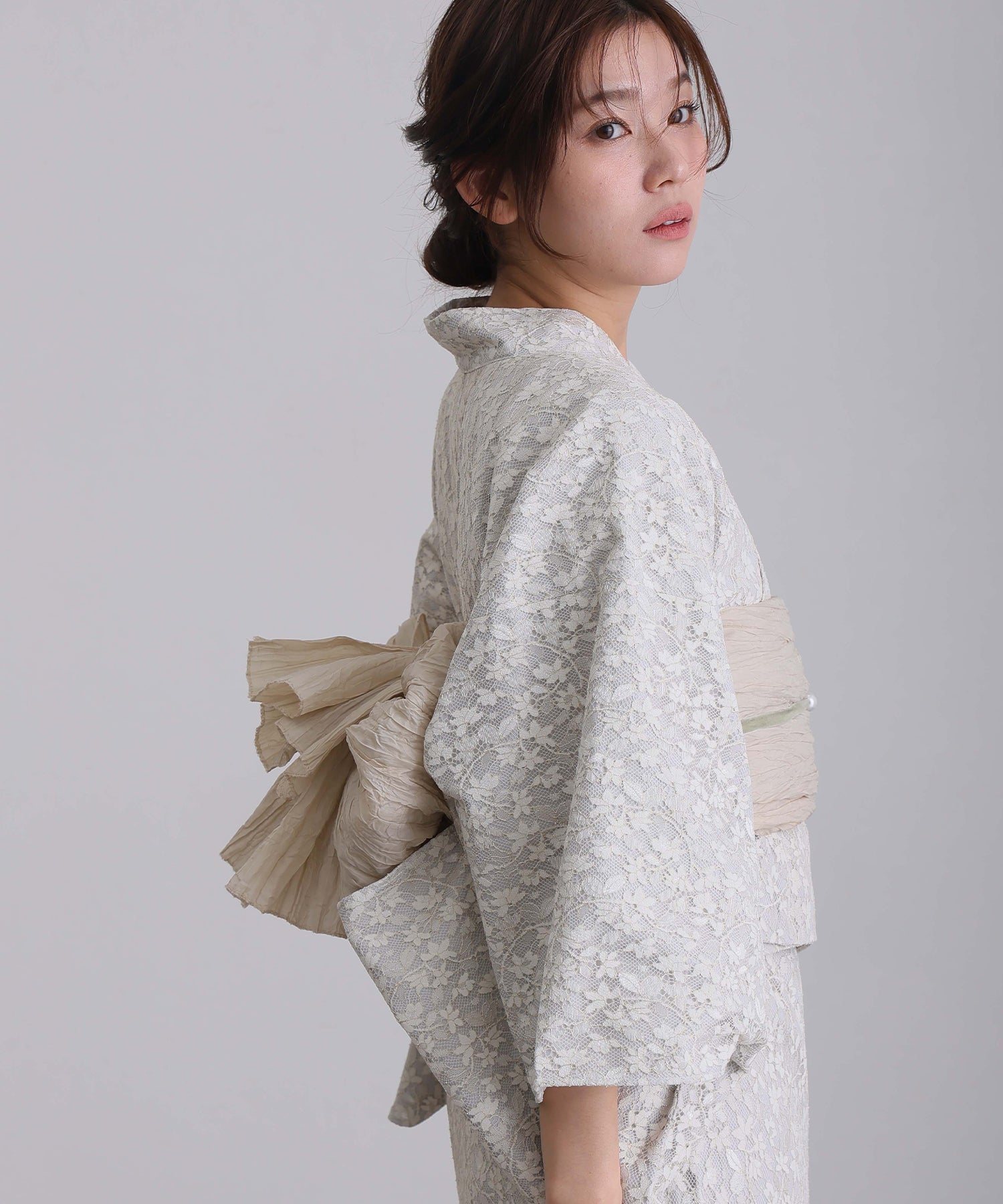 プールヴー PourVous セパレート 二部式 一人で着られる 大人浴衣3点セット オリジナルデザイン 綿 兵児帯 女性 黒 選べる シック レトロ レース 花柄 ウエストゴム フォーマル ワンピース パーティードレス (オフホワイト) オフホワイト