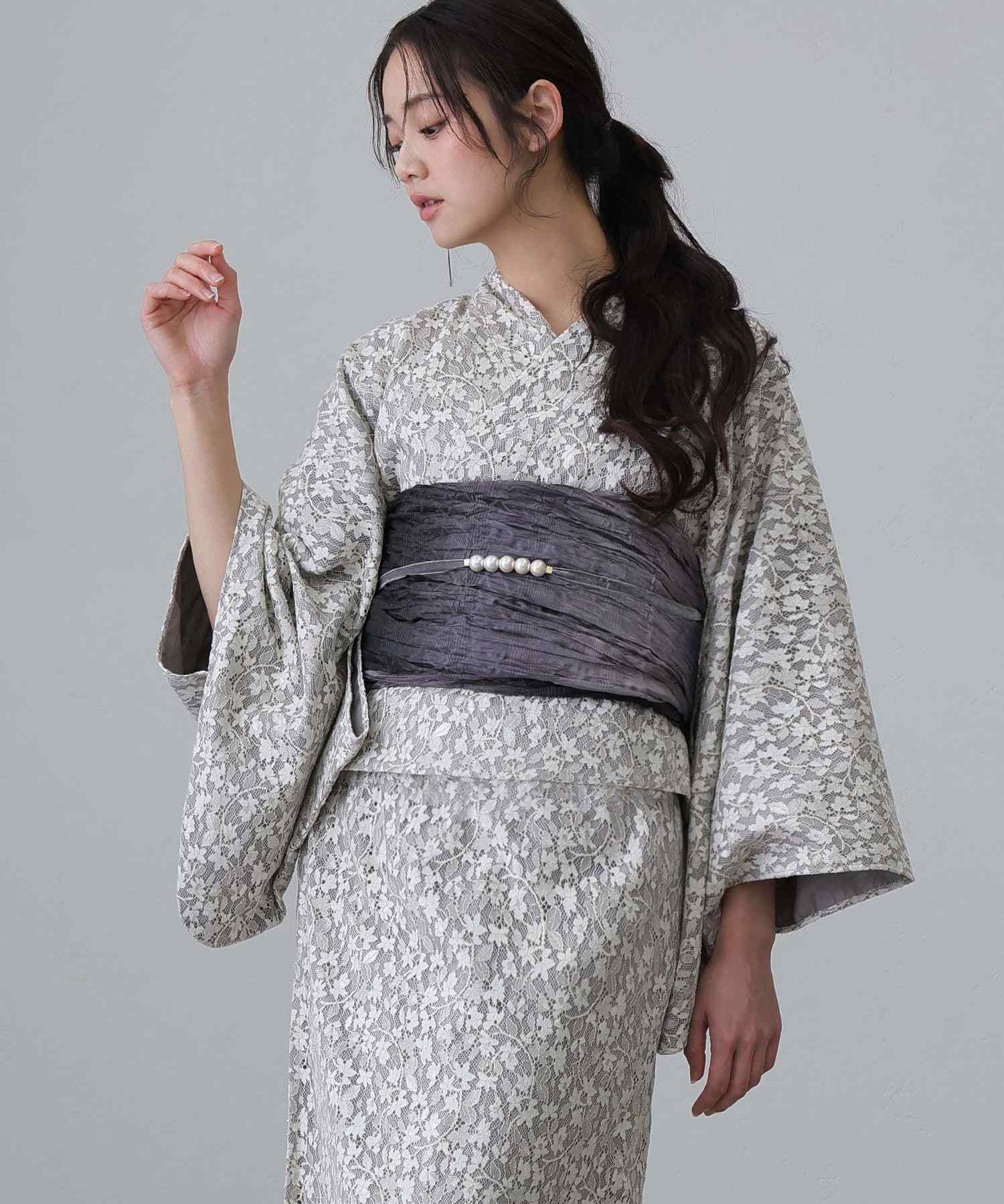 プールヴー PourVous セパレート 二部式 一人で着られる 大人浴衣3点セット オリジナルデザイン 綿 兵児帯 女性 黒 選べる シック レトロ レース 花柄 ウエストゴム フォーマル ワンピース パーティードレス (グレージュ) グレージュ