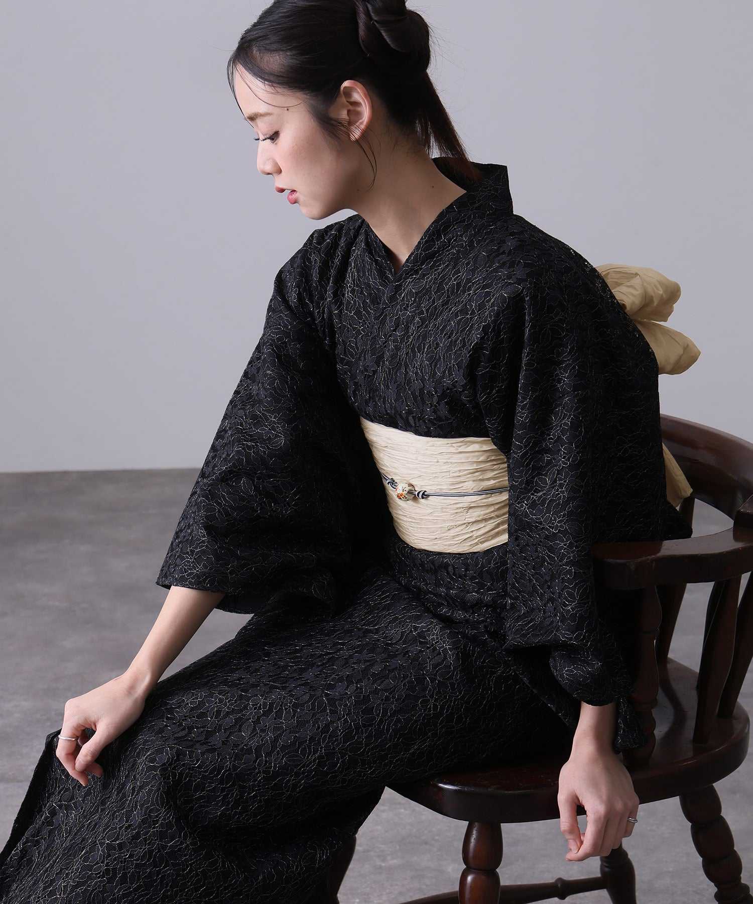 プールヴー PourVous セパレート 二部式 一人で着られる 大人浴衣3点セット オリジナルデザイン 綿 兵児帯 女性 黒 選べる シック レトロ レース 花柄 ウエストゴム フォーマル ワンピース パーティードレス (ブラック) ブラック