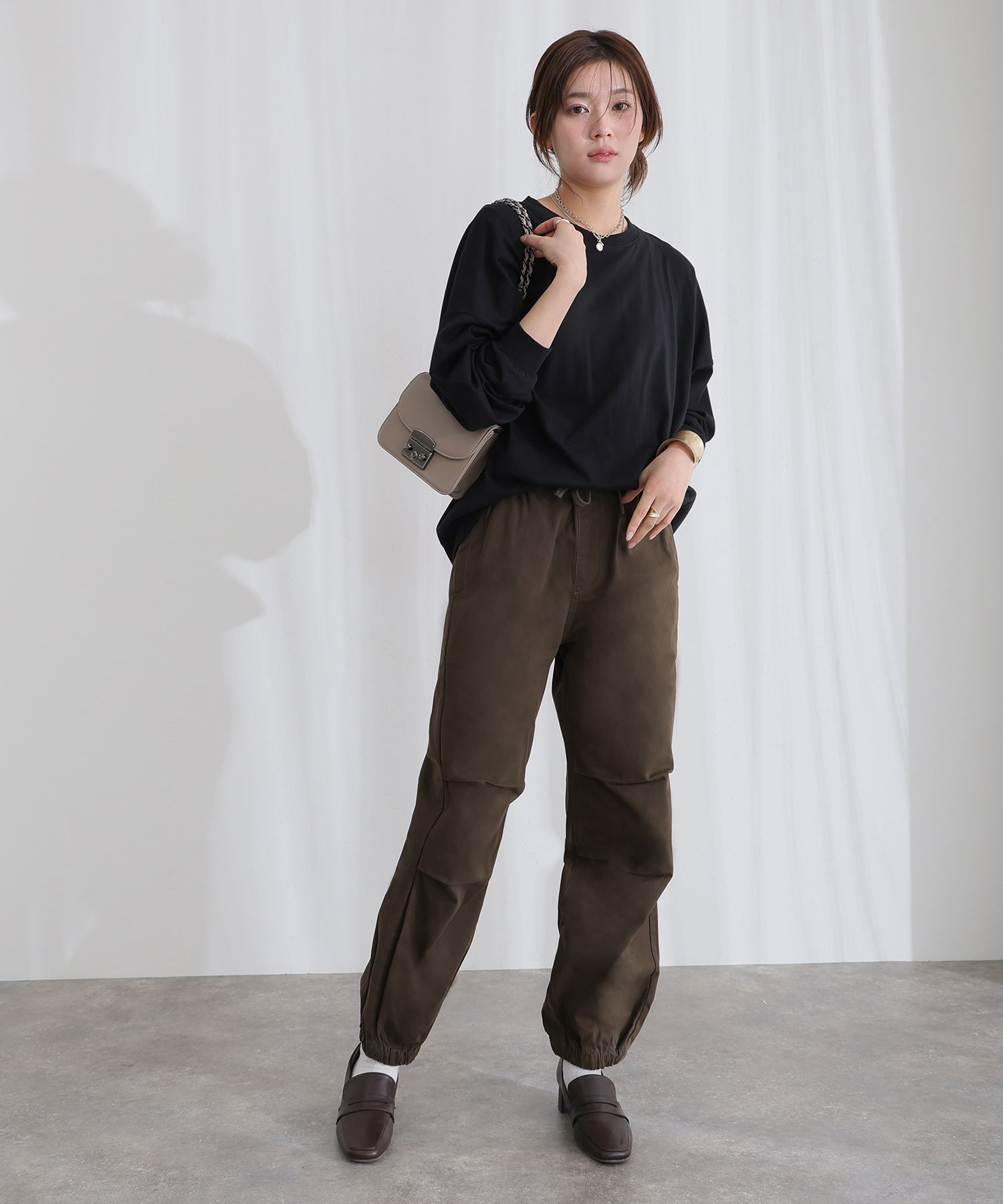 プールヴー PourVous リラックスワイド パラシュートパンツ フォーマル ワンピース パーティードレス 20代 30代 40代 (カーキ) カーキ