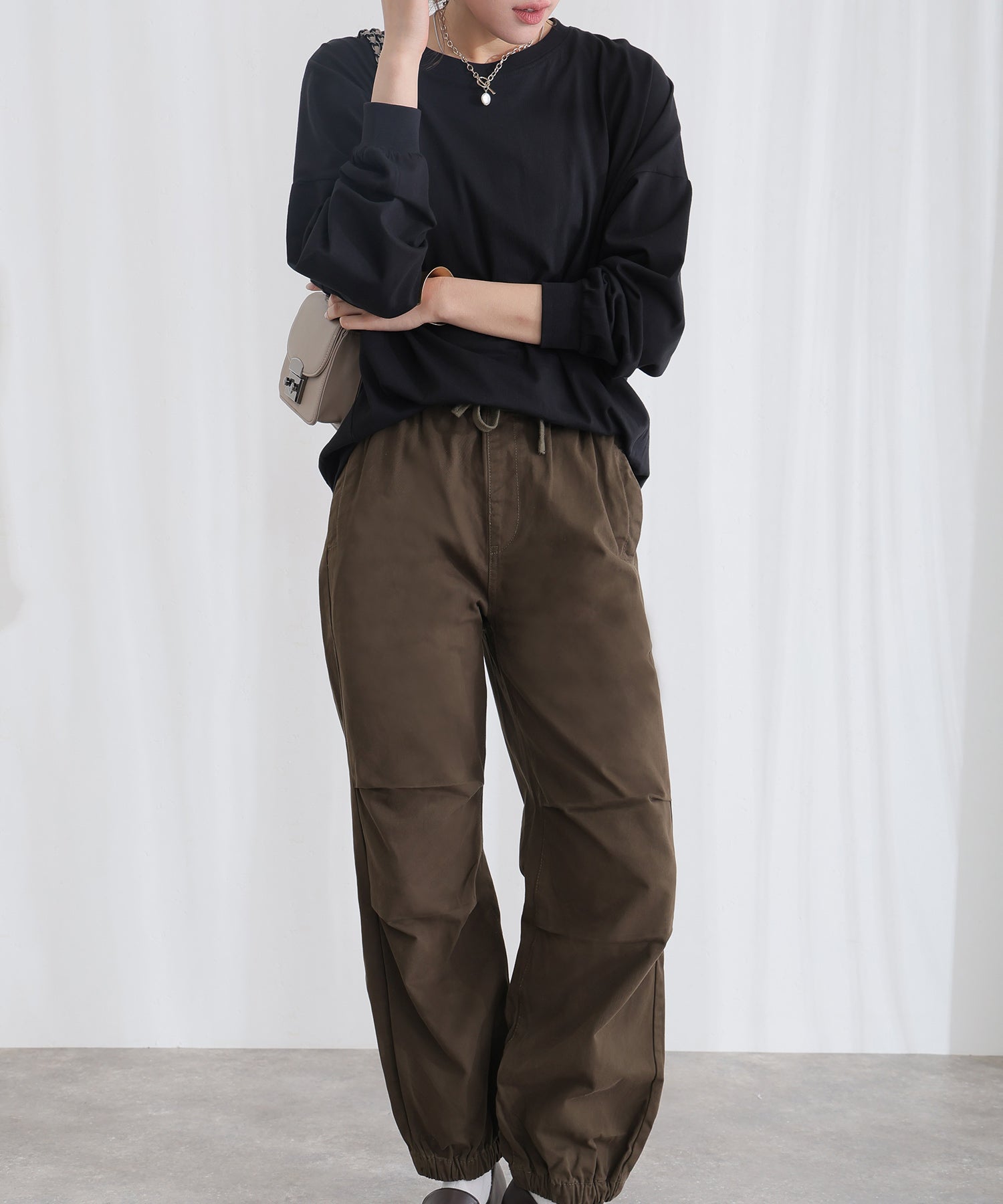 プールヴー PourVous リラックスワイド パラシュートパンツ フォーマル ワンピース パーティードレス 20代 30代 40代 (カーキ) カーキ