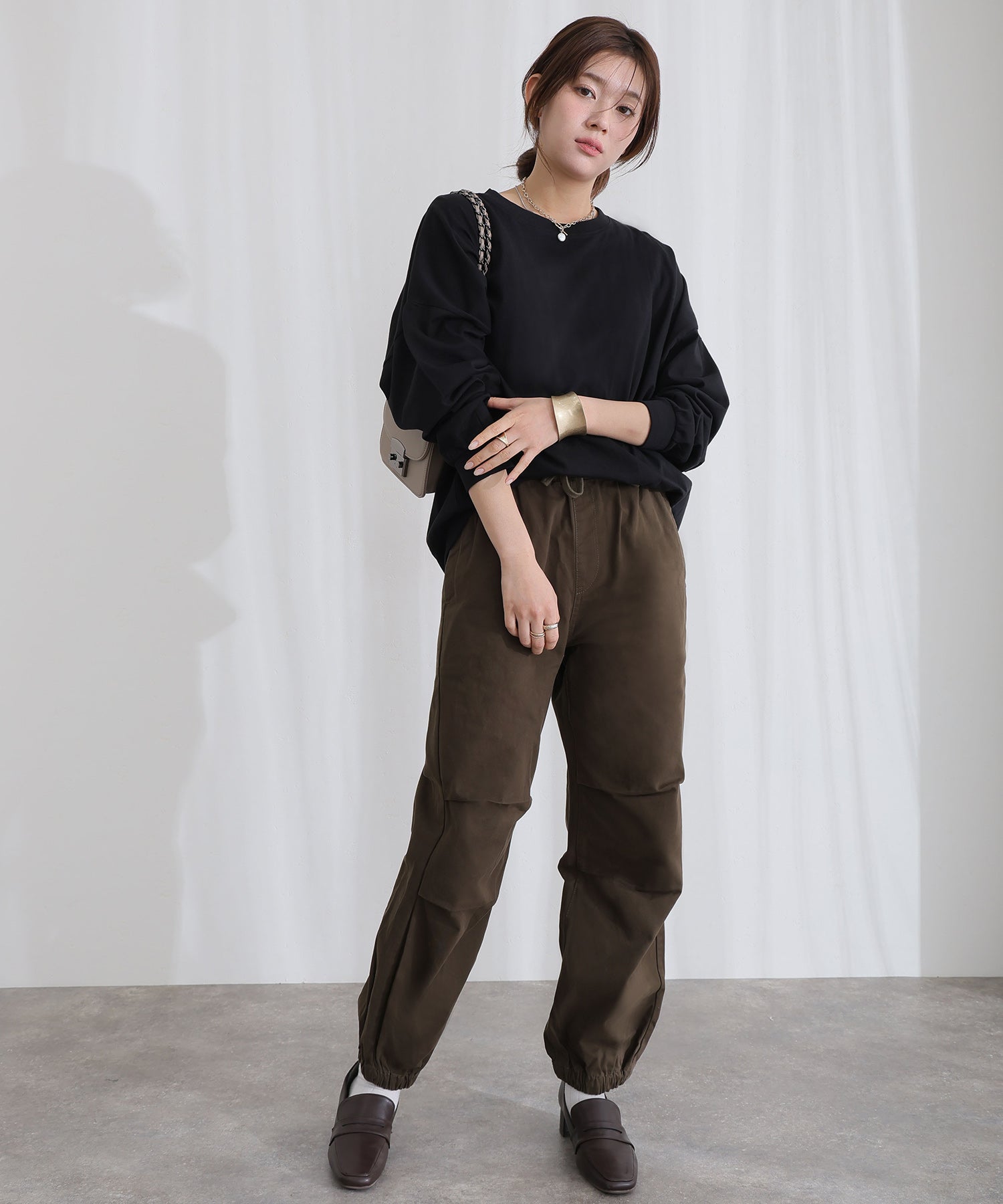 プールヴー PourVous リラックスワイド パラシュートパンツ フォーマル ワンピース パーティードレス 20代 30代 40代 (カーキ) カーキ