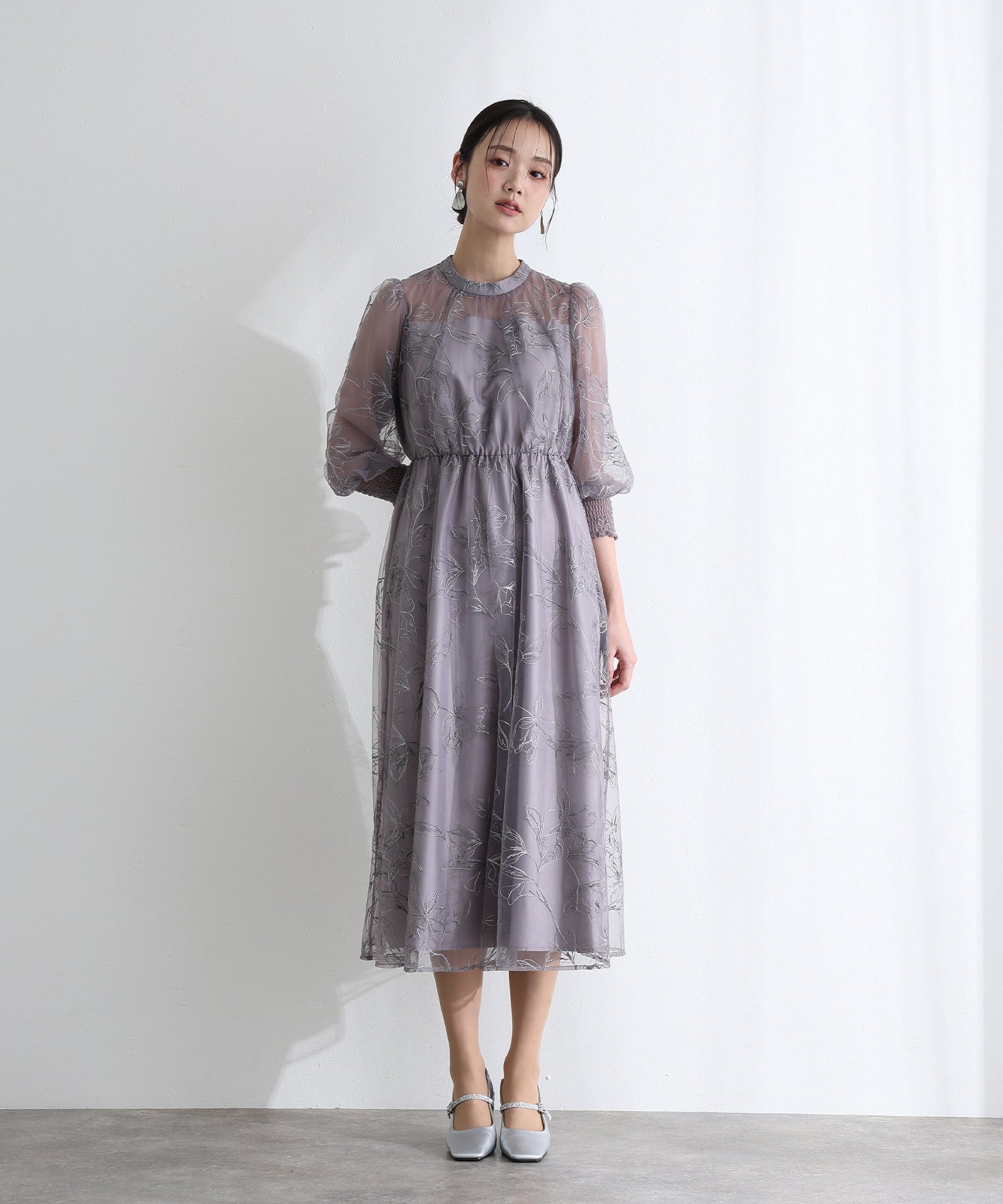 プールヴー PourVous ラメエンブロイダリーシアー素材スタンドカラーパーティードレスお呼ばれ袖あり&ミモレ丈同窓会成人式フォーマルオケージョンドレス結婚式二次会 フォーマル ワンピース パーティードレス (モーヴ) モーヴ