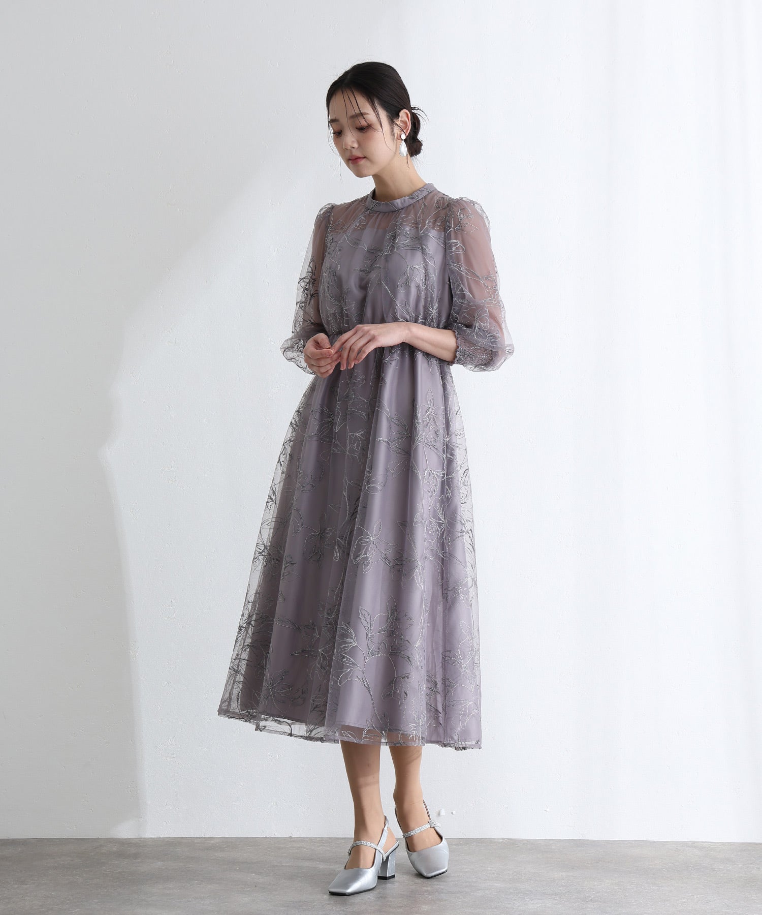 プールヴー PourVous ラメエンブロイダリーシアー素材スタンドカラーパーティードレスお呼ばれ袖あり&ミモレ丈同窓会成人式フォーマルオケージョンドレス結婚式二次会 フォーマル ワンピース パーティードレス (モーヴ) モーヴ