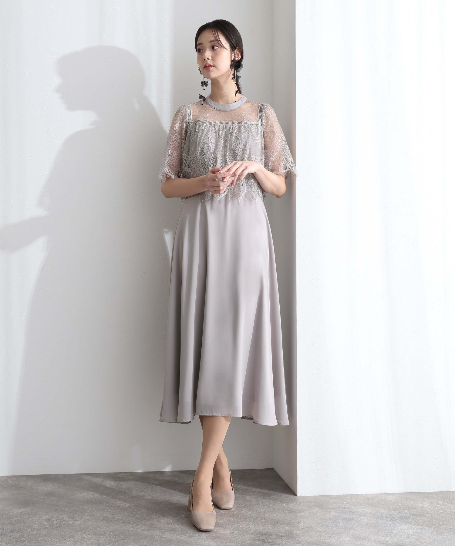 プールヴー PourVous 袖あり&ロング同窓会成人式ハイネックスタンドカラースカラップレースフレア大きいサイズ結婚式二次会フォーマルオケージョンドレスパーティードレス フォーマル ワンピース 20代 30代 40代 (グレー) グレー