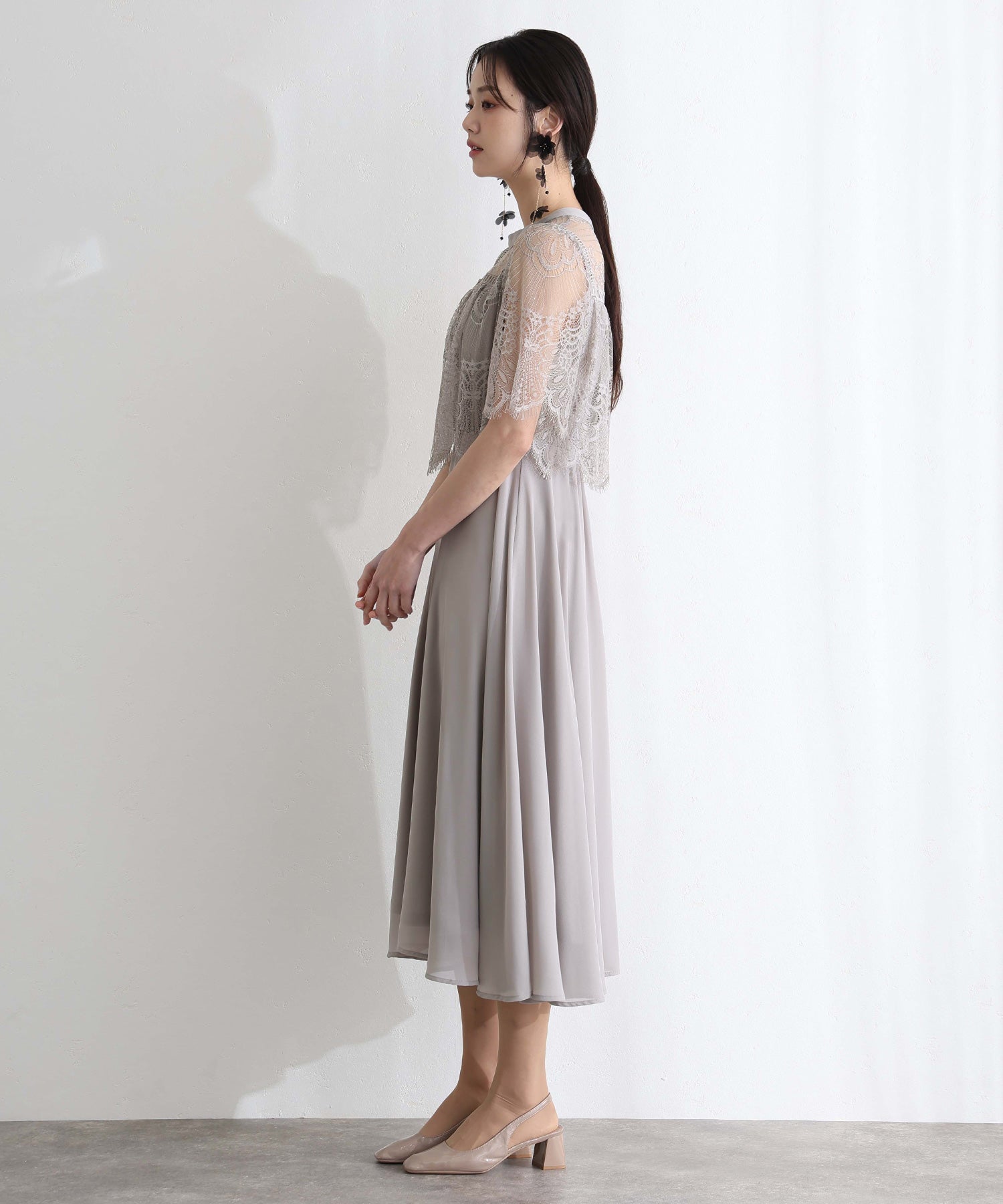 プールヴー PourVous 袖あり&ロング同窓会成人式ハイネックスタンドカラースカラップレースフレア大きいサイズ結婚式二次会フォーマルオケージョンドレスパーティードレス フォーマル ワンピース 20代 30代 40代 (グレー) グレー