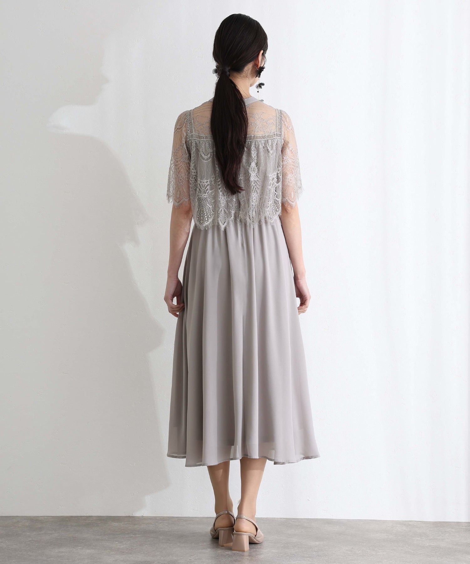 プールヴー PourVous 袖あり&ロング同窓会成人式ハイネックスタンドカラースカラップレースフレア大きいサイズ結婚式二次会フォーマルオケージョンドレスパーティードレス フォーマル ワンピース 20代 30代 40代 (グレー) グレー