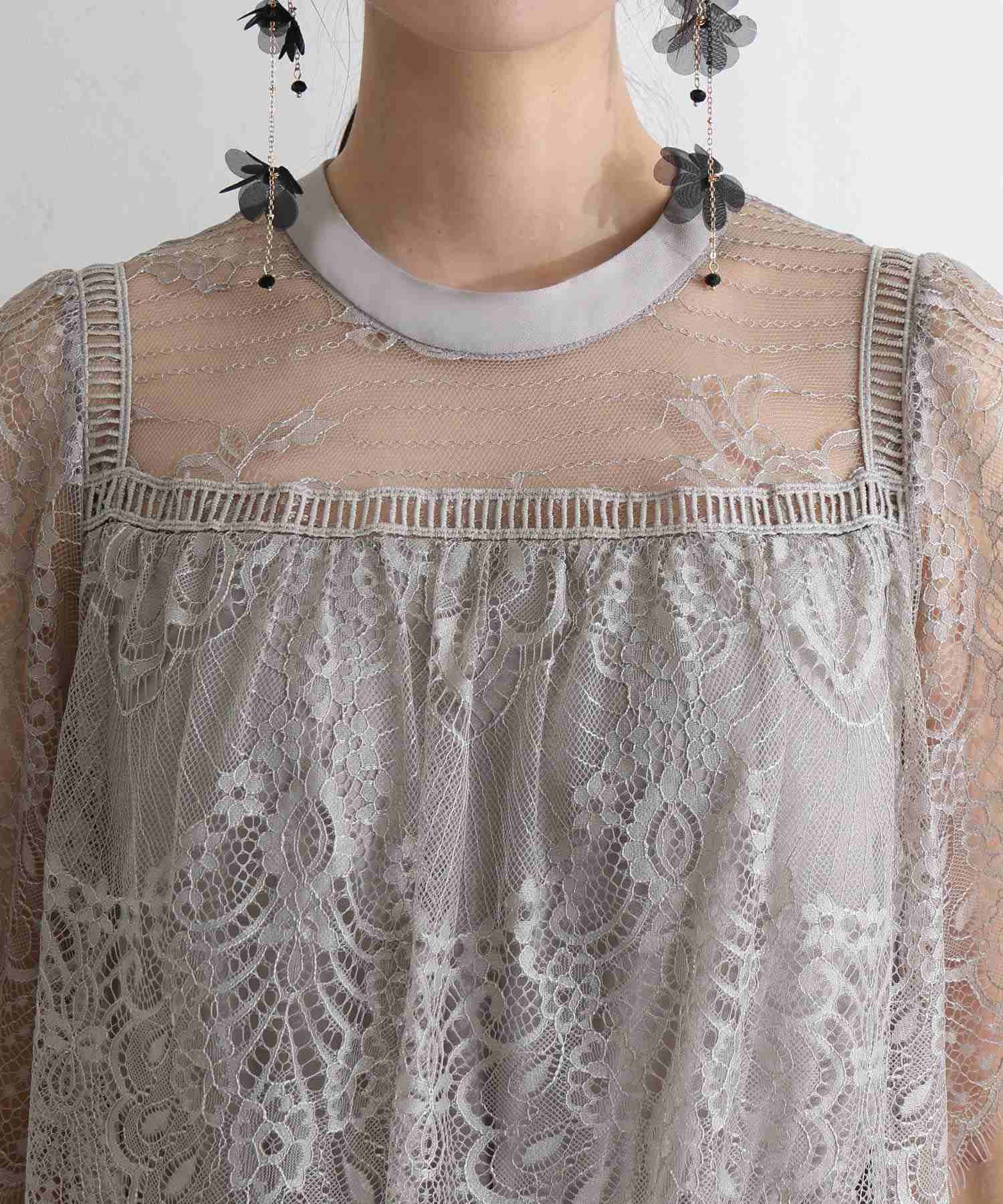 プールヴー PourVous 袖あり&ロング同窓会成人式ハイネックスタンドカラースカラップレースフレア大きいサイズ結婚式二次会フォーマルオケージョンドレスパーティードレス フォーマル ワンピース 20代 30代 40代 (グレー) グレー