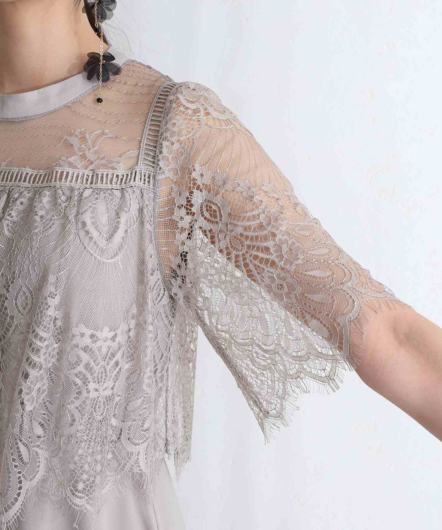 プールヴー PourVous 袖あり&ロング同窓会成人式ハイネックスタンドカラースカラップレースフレア大きいサイズ結婚式二次会フォーマルオケージョンドレスパーティードレス フォーマル ワンピース 20代 30代 40代 (グレー) グレー