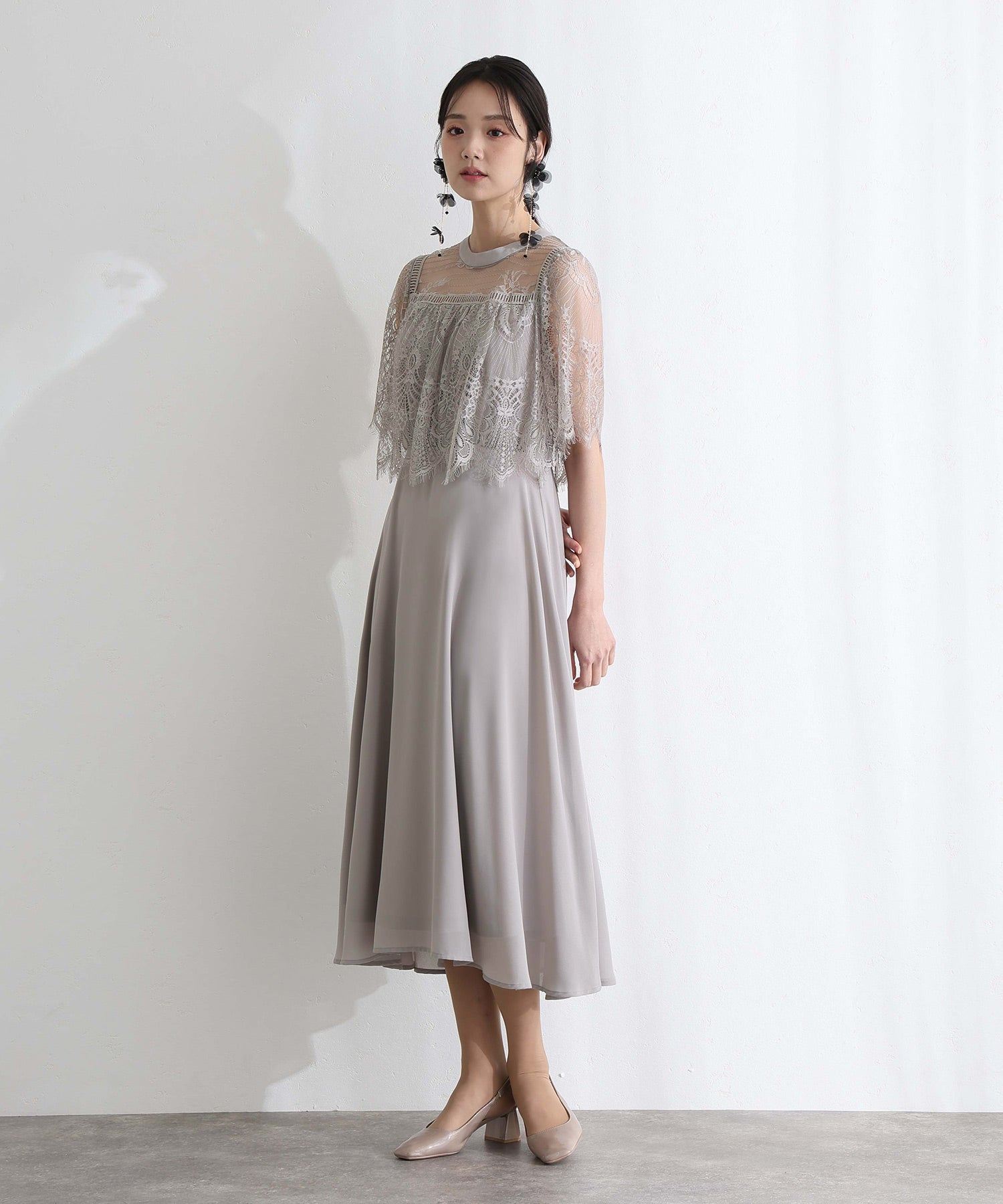 プールヴー PourVous 袖あり&ロング同窓会成人式ハイネックスタンドカラースカラップレースフレア大きいサイズ結婚式二次会フォーマルオケージョンドレスパーティードレス フォーマル ワンピース 20代 30代 40代 (グレー) グレー