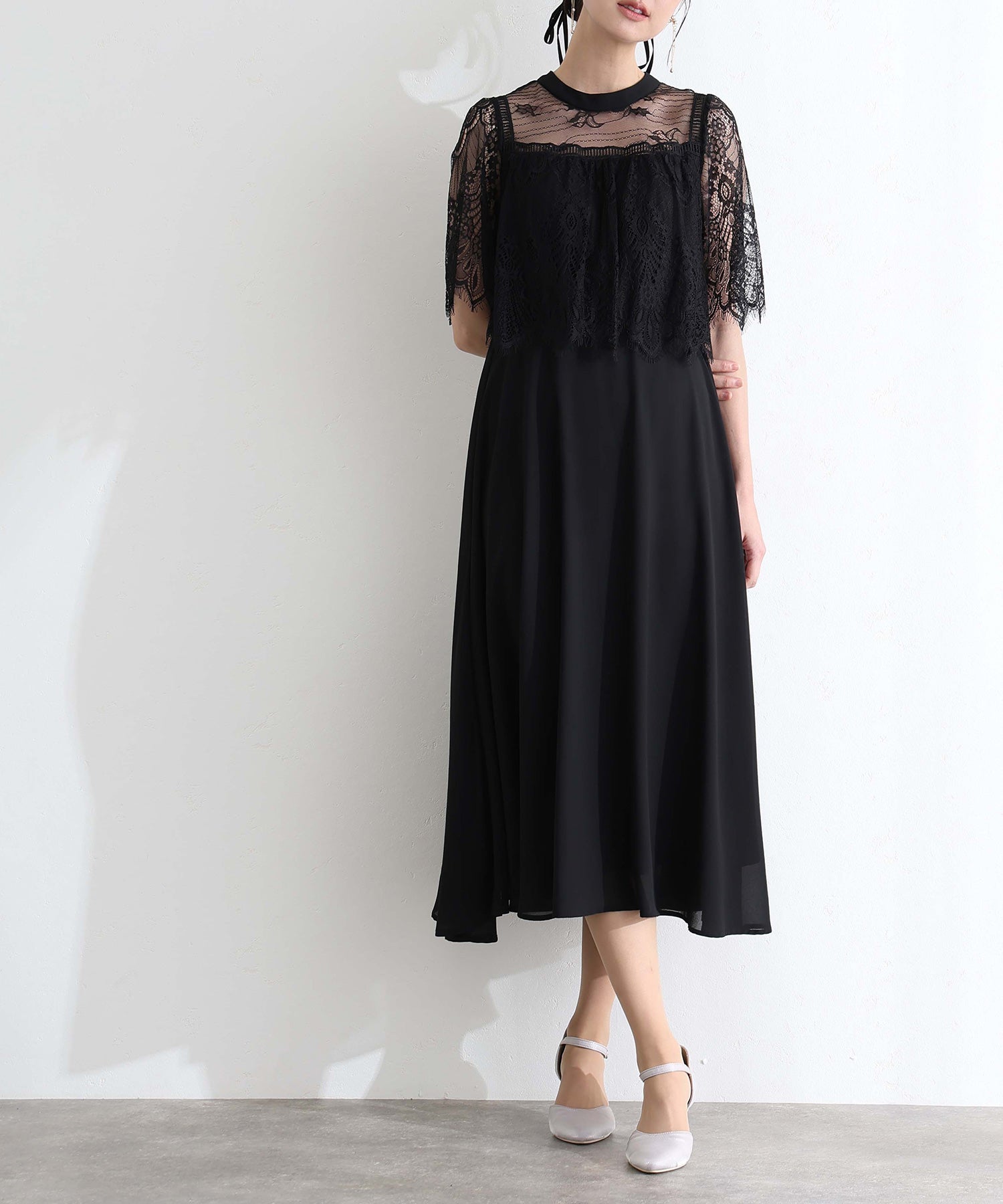 プールヴー PourVous 袖あり&ロング同窓会成人式ハイネックスタンドカラースカラップレースフレア大きいサイズ結婚式二次会フォーマルオケージョンドレスパーティードレス フォーマル ワンピース 20代 30代 40代 (ブラック) ブラック