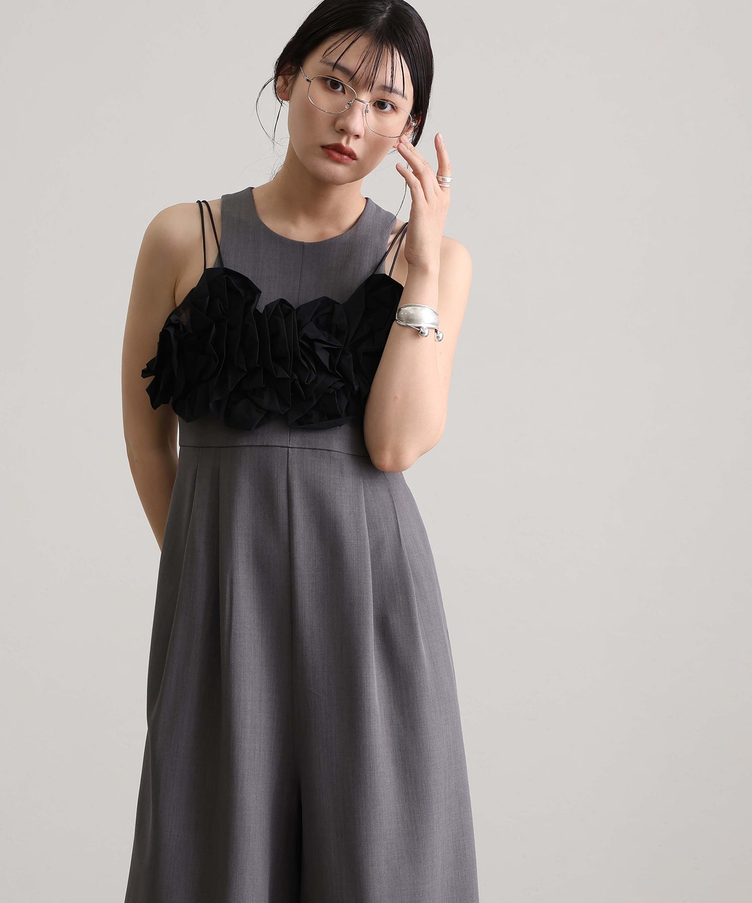 プールヴー PourVous オールインワンパーティードレス結婚式二次会&ワイド3点セットラッフルビスチェセレモニーフォーマルロング丈オケージョンドレス同窓会成人式 フォーマル ワンピース 20代 30代 40代 (グレー) グレー