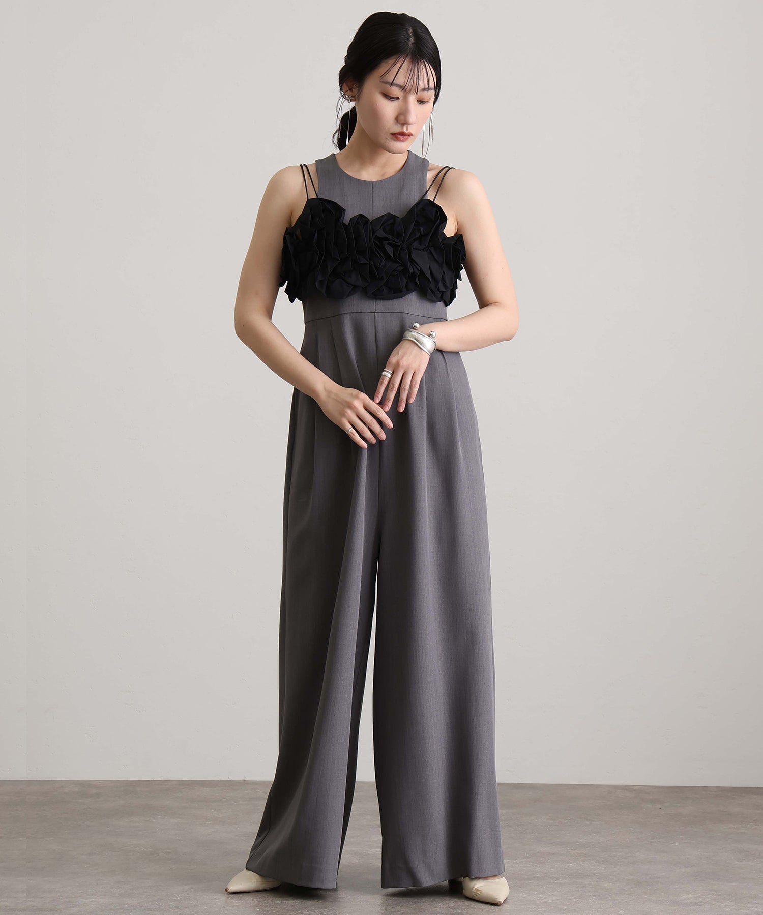 プールヴー PourVous オールインワンパーティードレス結婚式二次会&ワイド3点セットラッフルビスチェセレモニーフォーマルロング丈オケージョンドレス同窓会成人式 フォーマル ワンピース 20代 30代 40代 (グレー) グレー