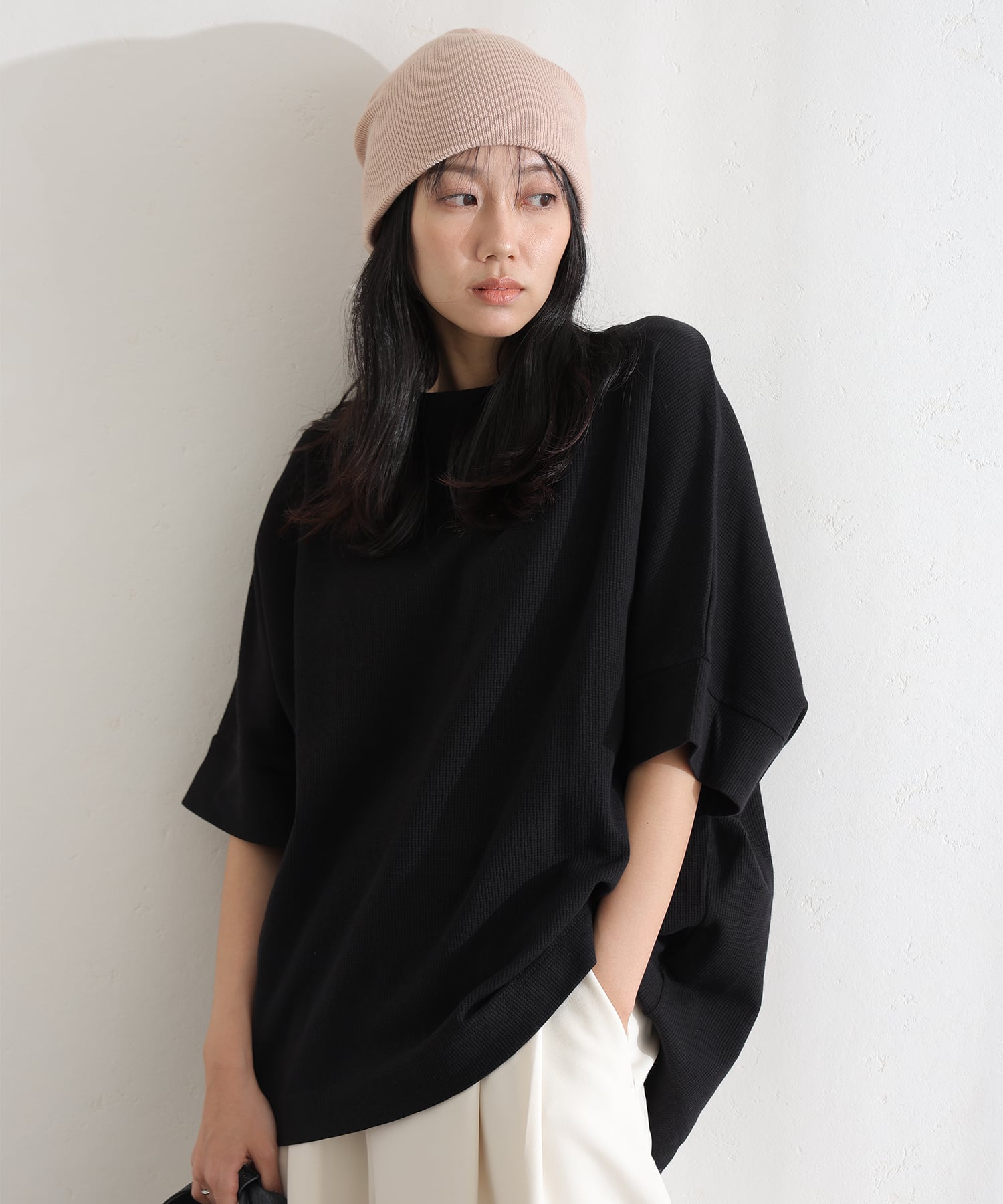 PourVous Cotton Waffle 7/8 Sleeve Dromedary T-Shirt Formal Dress Party