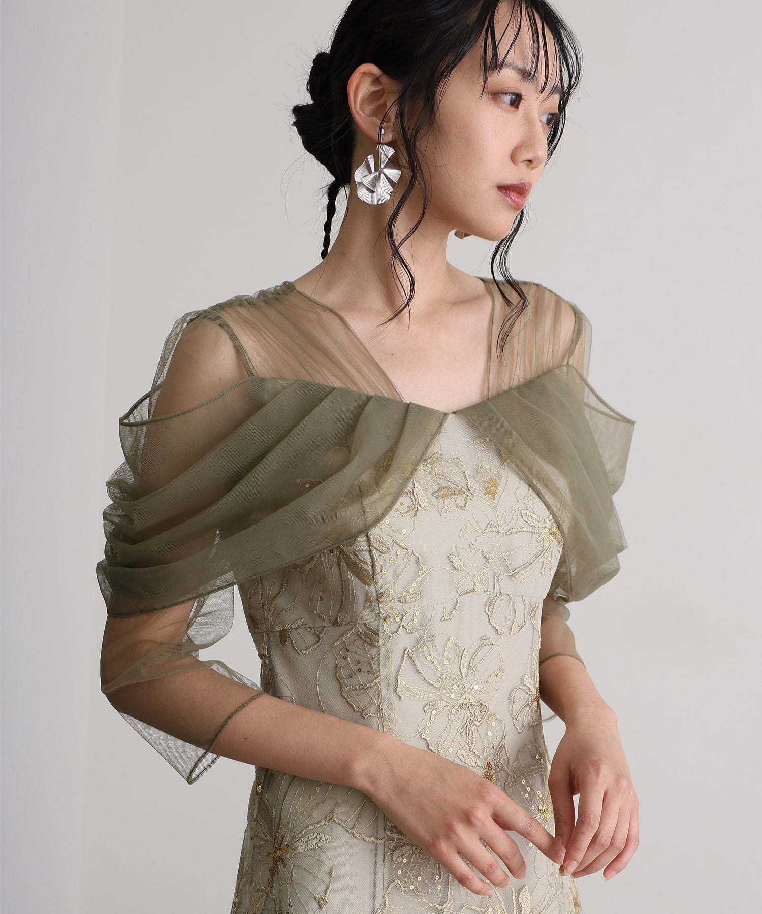 プールヴー PourVous 七分袖&ミモレ丈同窓会成人式オフショルダースパンコールAラインチュールお呼ばれ結婚式二次会フォーマルオケージョンドレスパーティードレス フォーマル ワンピース パーティードレス 20代 30代 40代 (ライトグリーン) ライトグリーン