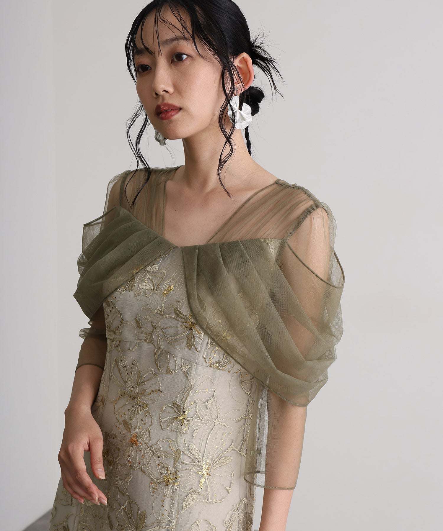 プールヴー PourVous 七分袖&ミモレ丈同窓会成人式オフショルダースパンコールAラインチュールお呼ばれ結婚式二次会フォーマルオケージョンドレスパーティードレス フォーマル ワンピース パーティードレス 20代 30代 40代 (ライトグリーン) ライトグリーン