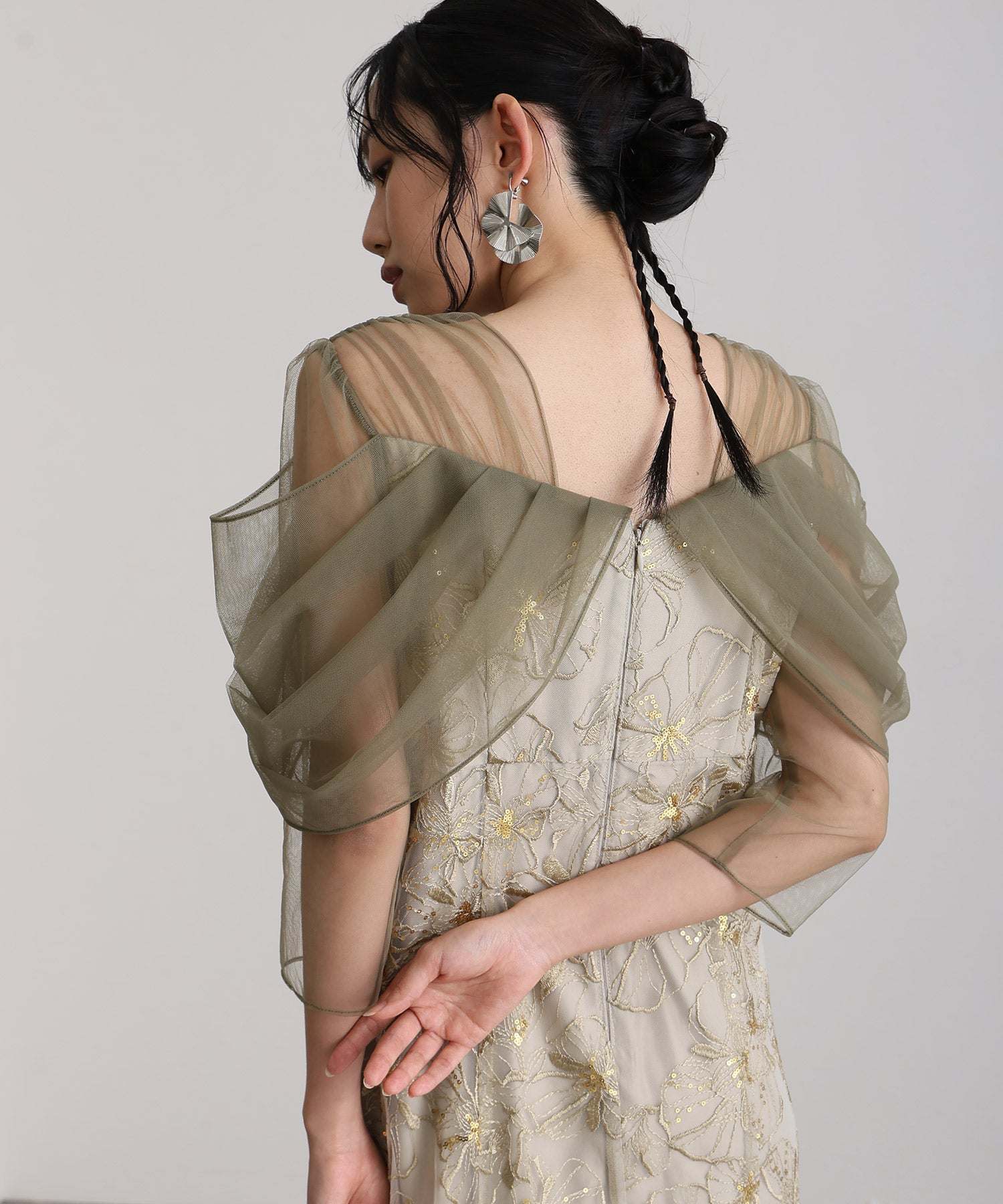 プールヴー PourVous 七分袖&ミモレ丈同窓会成人式オフショルダースパンコールAラインチュールお呼ばれ結婚式二次会フォーマルオケージョンドレスパーティードレス フォーマル ワンピース パーティードレス 20代 30代 40代 (ライトグリーン) ライトグリーン