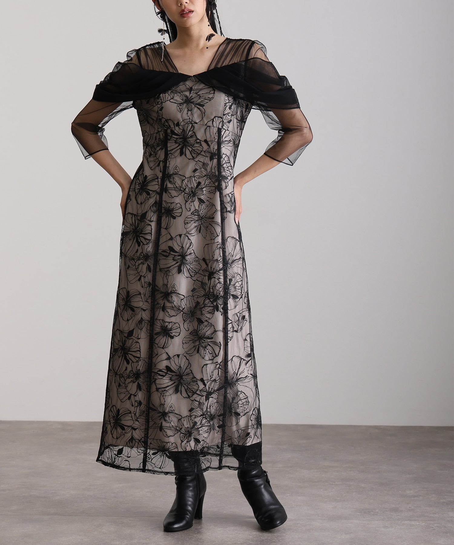 プールヴー PourVous 七分袖&ミモレ丈同窓会成人式オフショルダースパンコールAラインチュールお呼ばれ結婚式二次会フォーマルオケージョンドレスパーティードレス フォーマル ワンピース パーティードレス 20代 30代 40代 (ブラック) ブラック