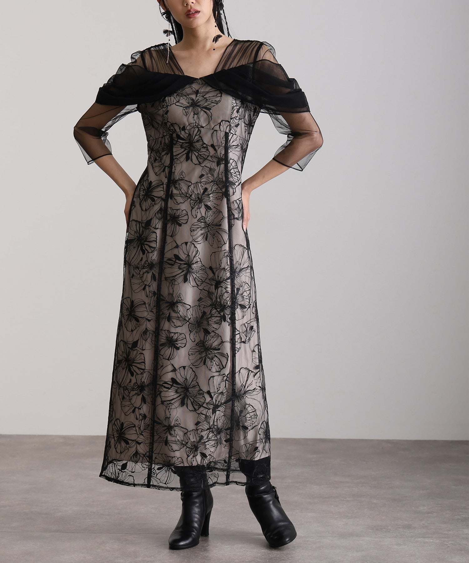 プールヴー PourVous 七分袖&ミモレ丈同窓会成人式オフショルダースパンコールAラインチュールお呼ばれ結婚式二次会フォーマルオケージョンドレスパーティードレス フォーマル ワンピース パーティードレス 20代 30代 40代 (ブラック) ブラック