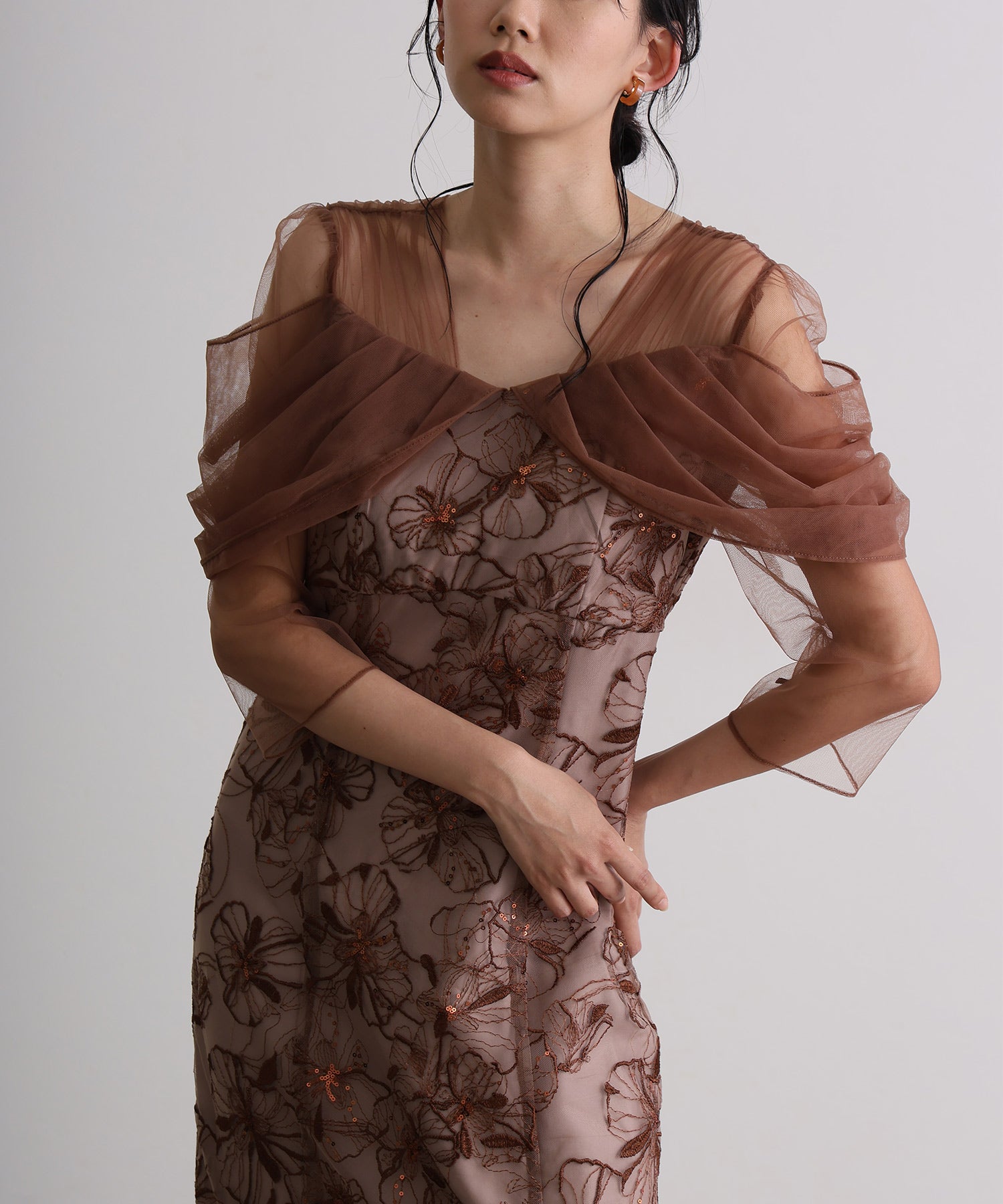 プールヴー PourVous 七分袖&ミモレ丈同窓会成人式オフショルダースパンコールAラインチュールお呼ばれ結婚式二次会フォーマルオケージョンドレスパーティードレス フォーマル ワンピース パーティードレス 20代 30代 40代 (ブラウン) ブラウン