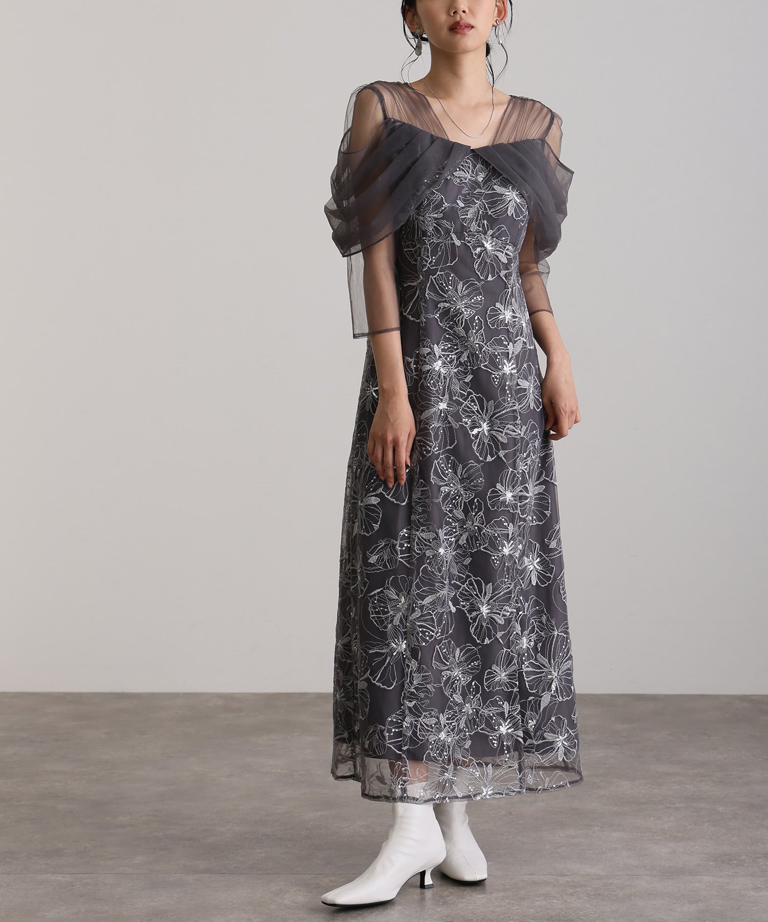 プールヴー PourVous 七分袖&ミモレ丈同窓会成人式オフショルダースパンコールAラインチュールお呼ばれ結婚式二次会フォーマルオケージョンドレスパーティードレス フォーマル ワンピース パーティードレス 20代 30代 40代 (チャコール) チャコール